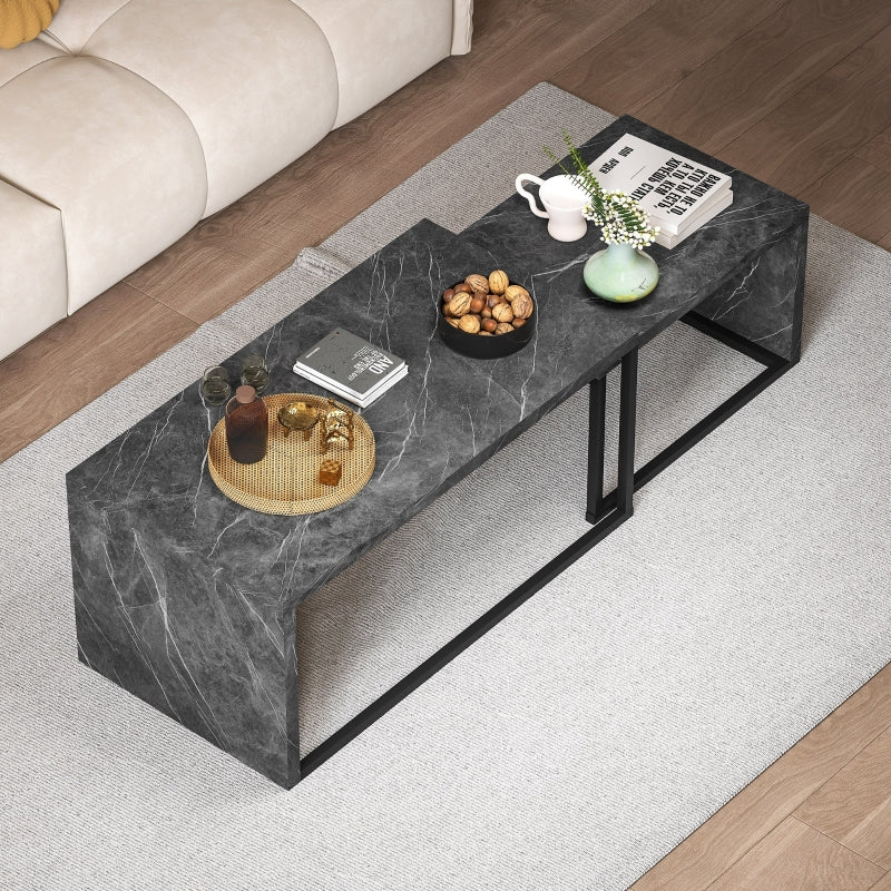 Coffee Tables Set of 2, Industrial Nesting Metal Frame, Dark Grey Marble Effect