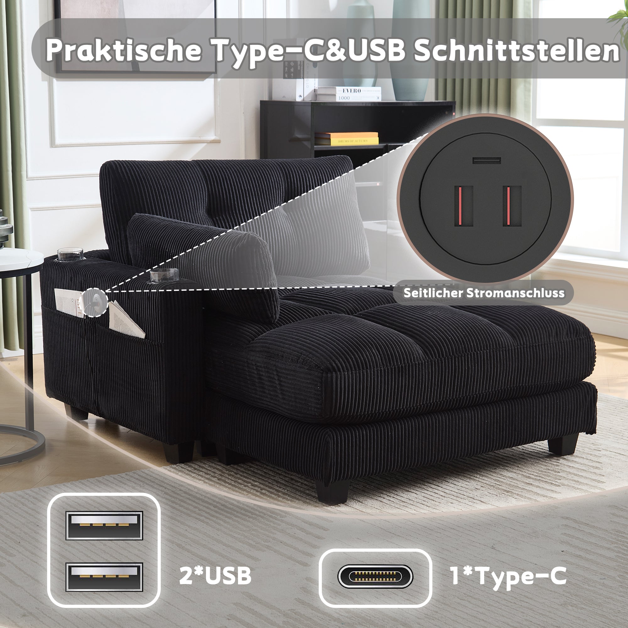 Palm Chair, Fluffy Striped Upholstery with Rolling Handrails, Black