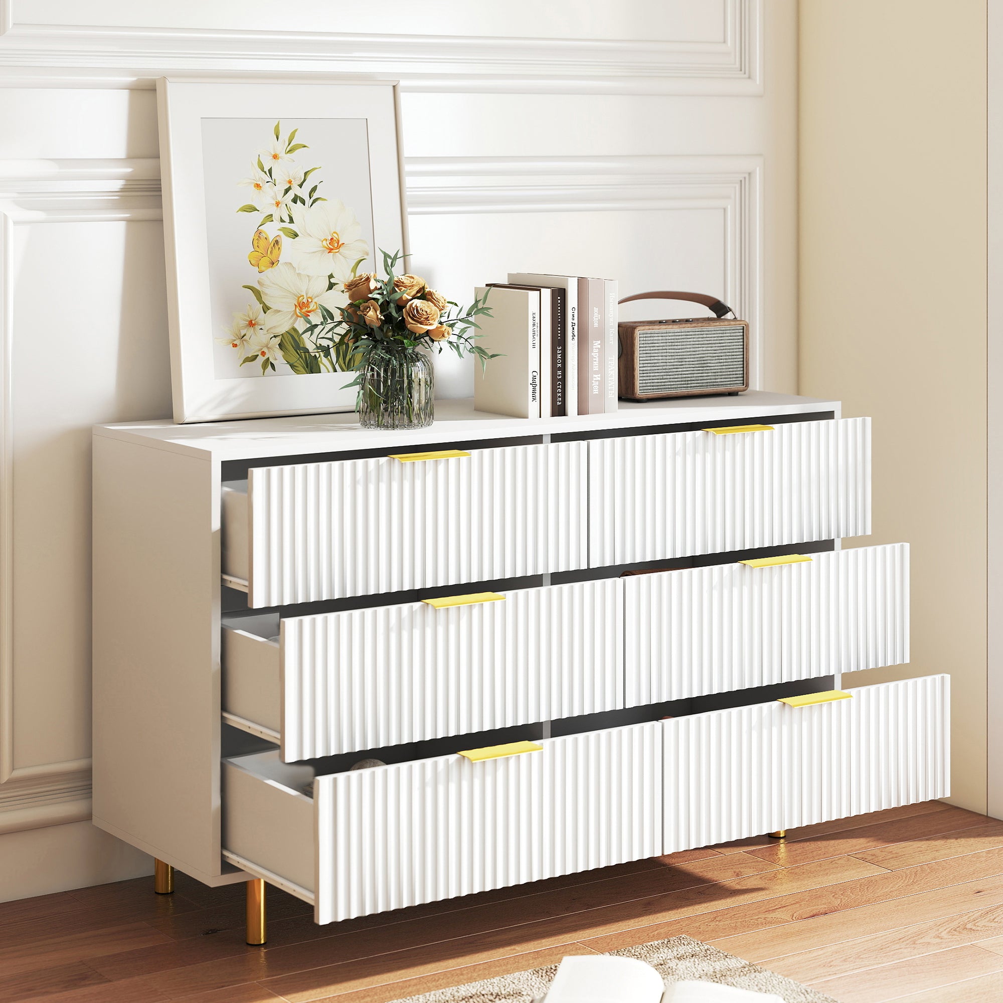 Chest of Drawers Sideboard with 6 Drawers and Modern Design, White and Gold