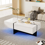 High-Gloss Coffee Table, LED Lighting and Drawers, White Marble-Effect