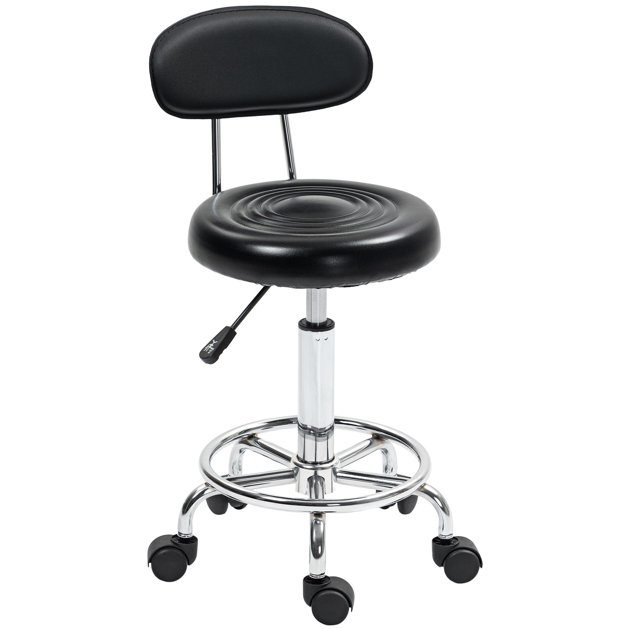 Rolling Stool, Height-Adjustable Swivel with Backrest & Wheels, Faux Leather Black