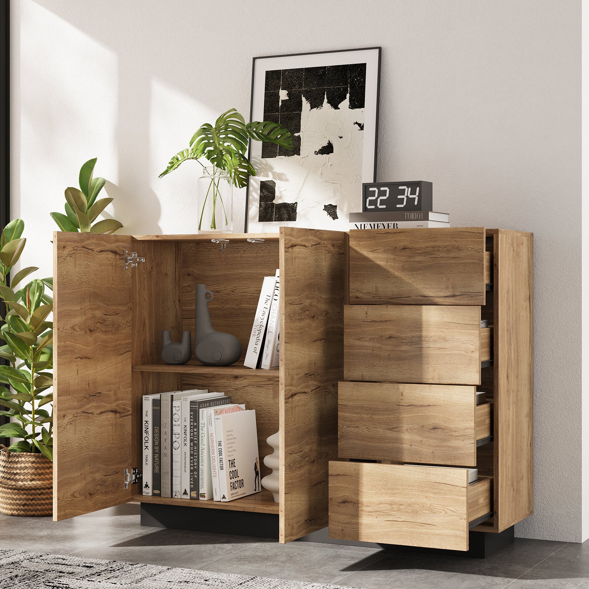 Chest of Drawers Sideboard Storage Cabinet 4 Drawers 2 Doors Black and Natural