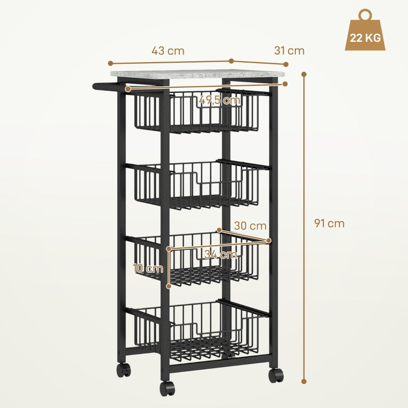 Kitchen Trolley 4-Tier Rolling with 4 Steel Baskets