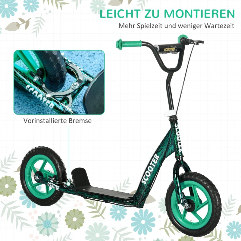 Children's Kick Scooter with Height-Adjustable Handlebar, Brake and Stand, Green Steel