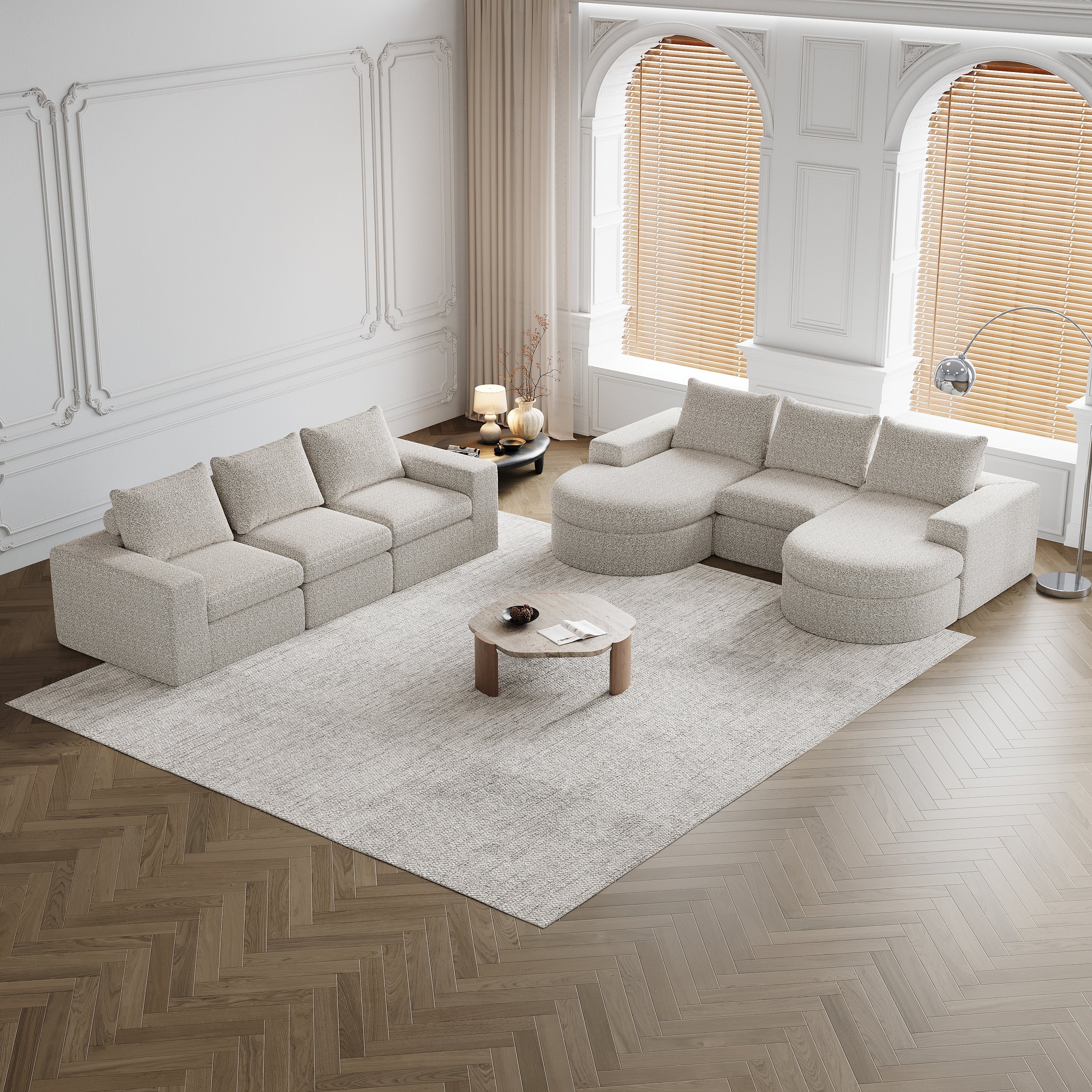 Chenille Curved Sofa with Recliner, Modular L-shaped, Two-Piece Set