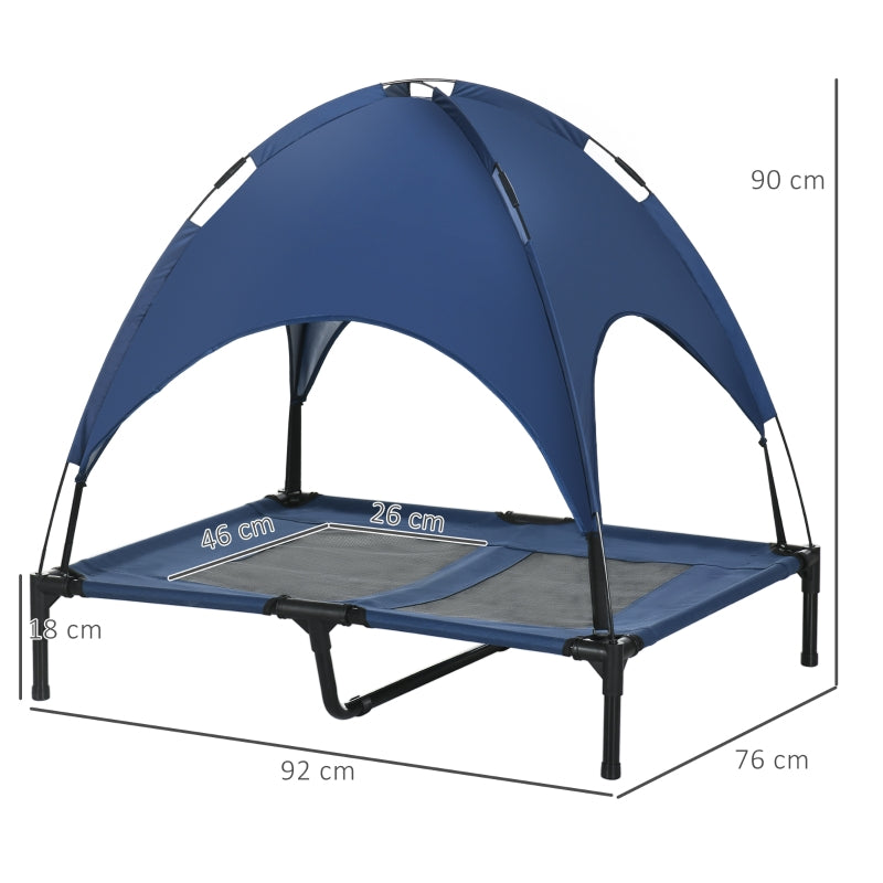 Dog Bed with Canopy, Foldable Elevated, Blue + Black