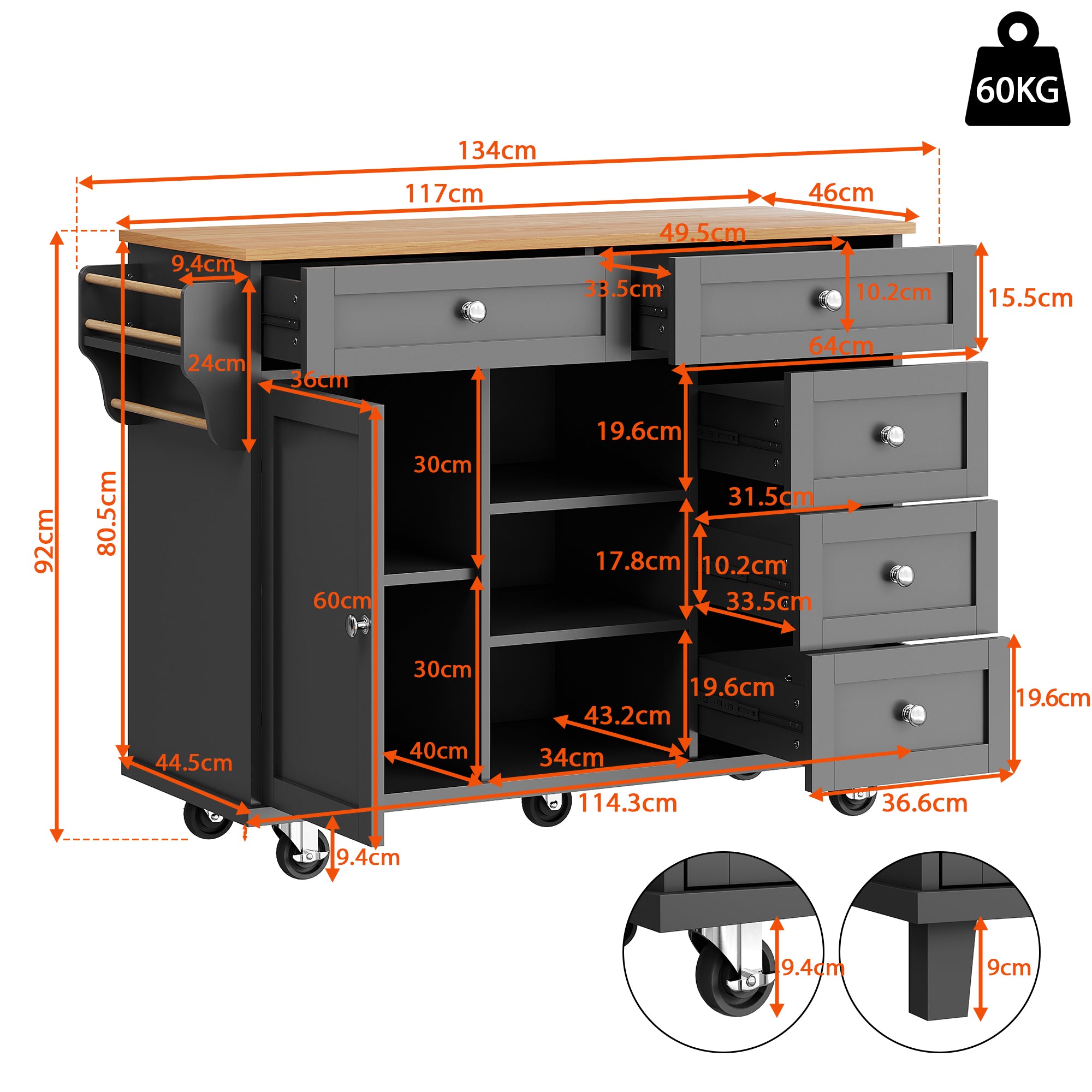 Dining Trolley 134x46x92cm Mobile & Stationary Storage Cabinet Black