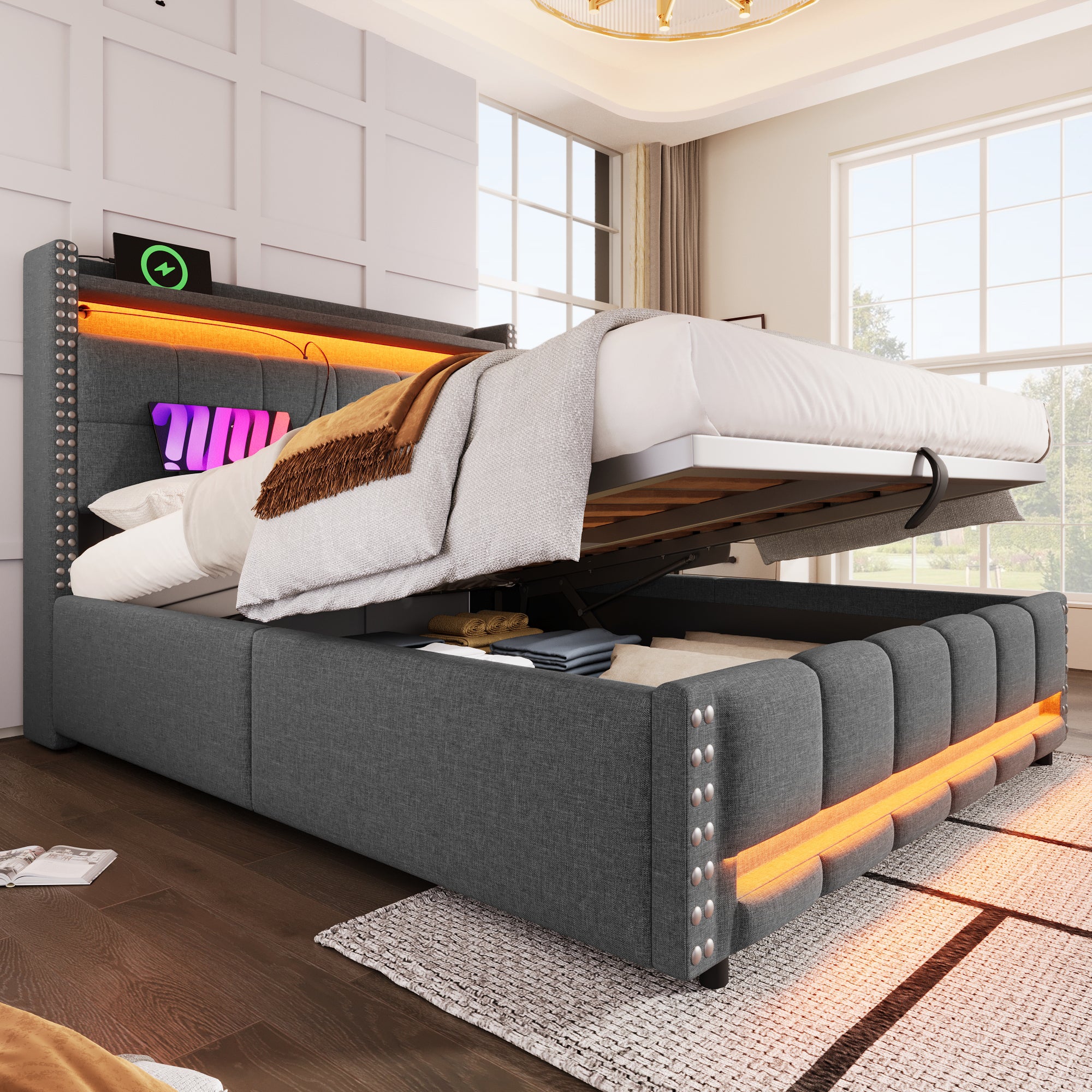 Upholstered Bed 160*200cm, LED & USB, Hydraulic Storage, Linen Fabric Gray