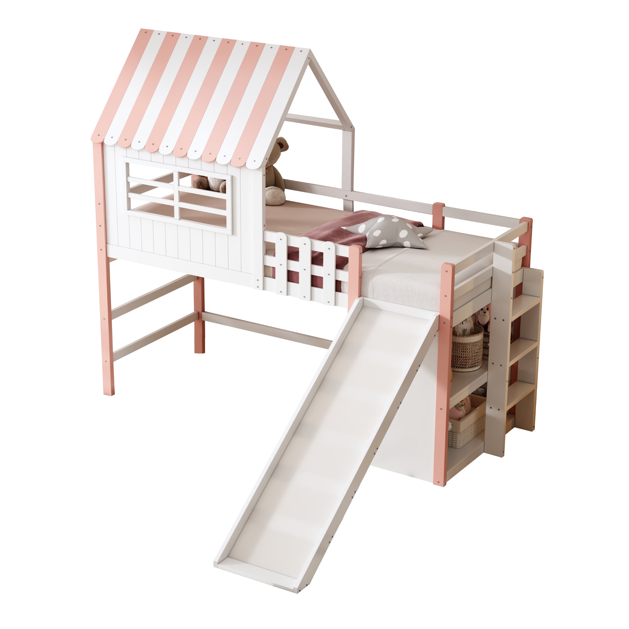 Children's Bed, Attic Design with Safety Ladder & Slide, Multi-Level Storage, Solid Wood, Pink