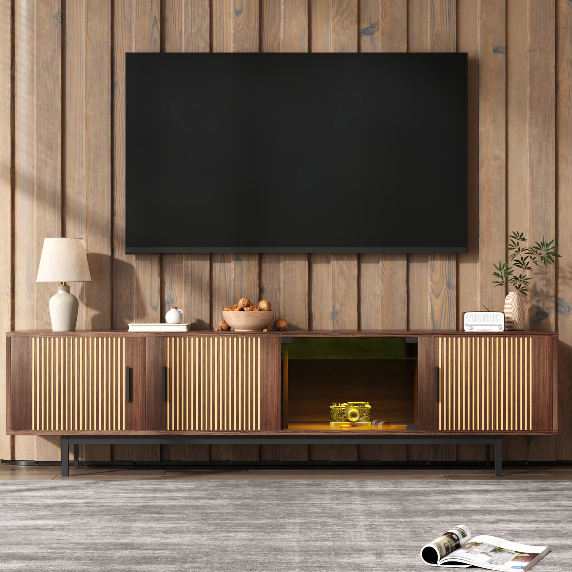 TV Cabinet Lowboard Carved Texture LED Light Tempered Glass