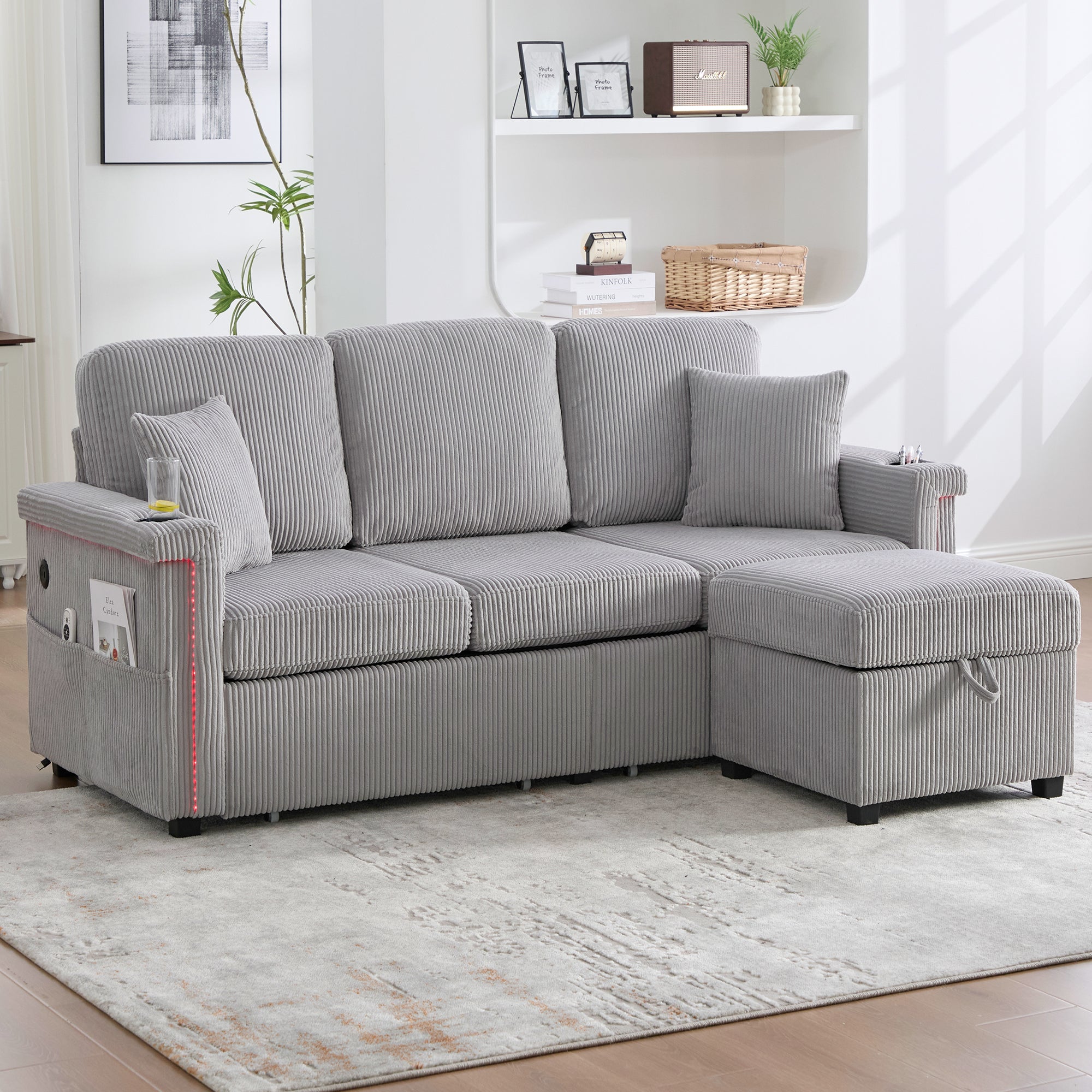 Velvet Sofa, LED, USB-C, Storage Ottoman, Cup Holders, Side Pockets - Light Gray