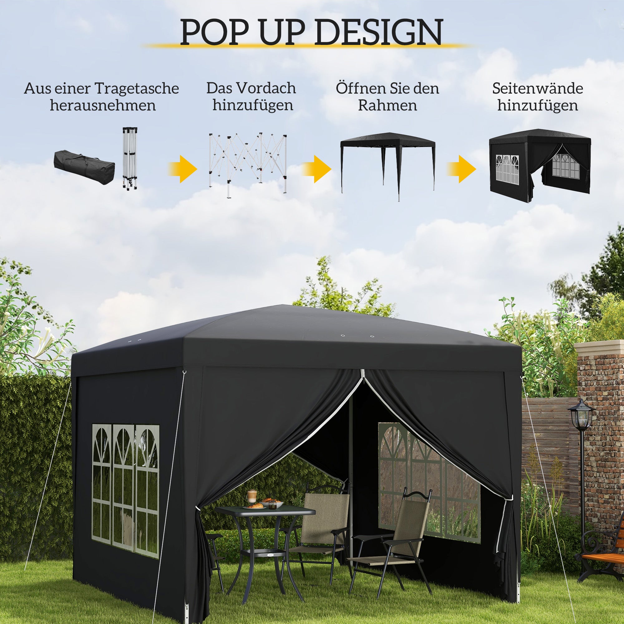 Gazebo 3x3m, Water-Repellent Pop-Up Folding, Black
