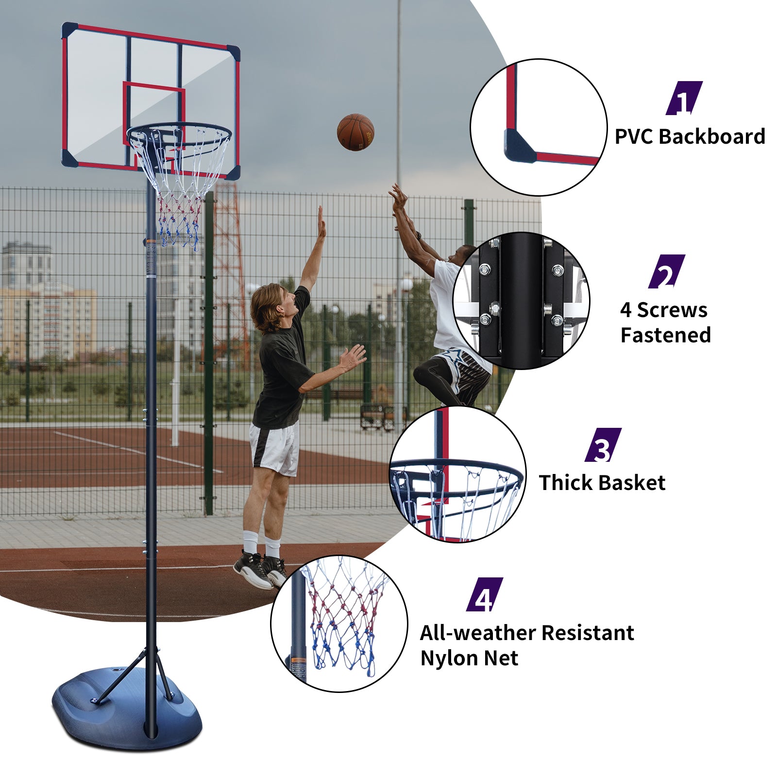 Outdoor Basketball Hoop with Height Adjustable Stand and Shock-Absorbing Basket, Red Silk-Screen Design
