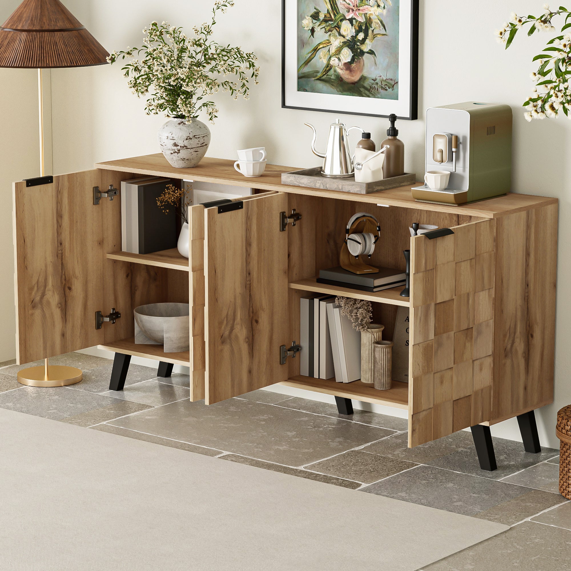 Sideboard, 4 Doors Storage, Wood Color