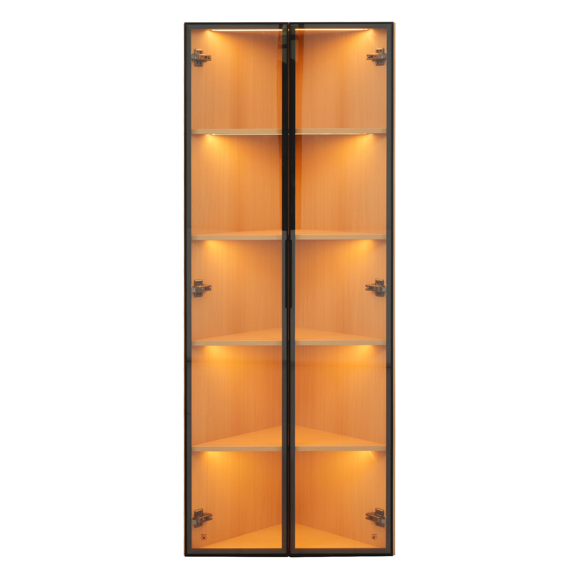 LED Glass Display Case 62x35x160cm Corner Cabinet with Light Strip, Tempered Glass, Oak