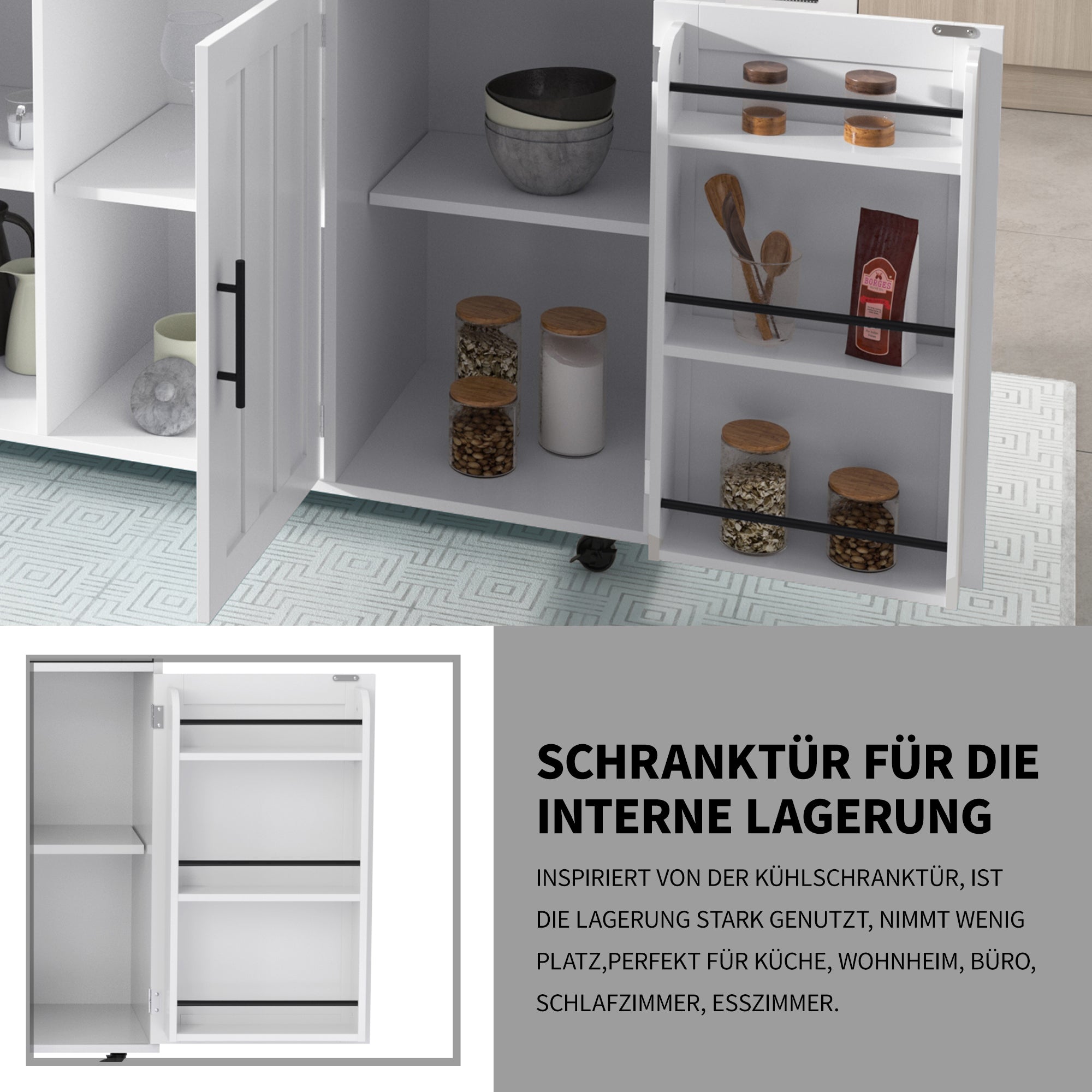 Dining Cart Sideboard 129cm Folding Worktop Storage Cabinet Wheels Reversible Feet - Wood Grain & White