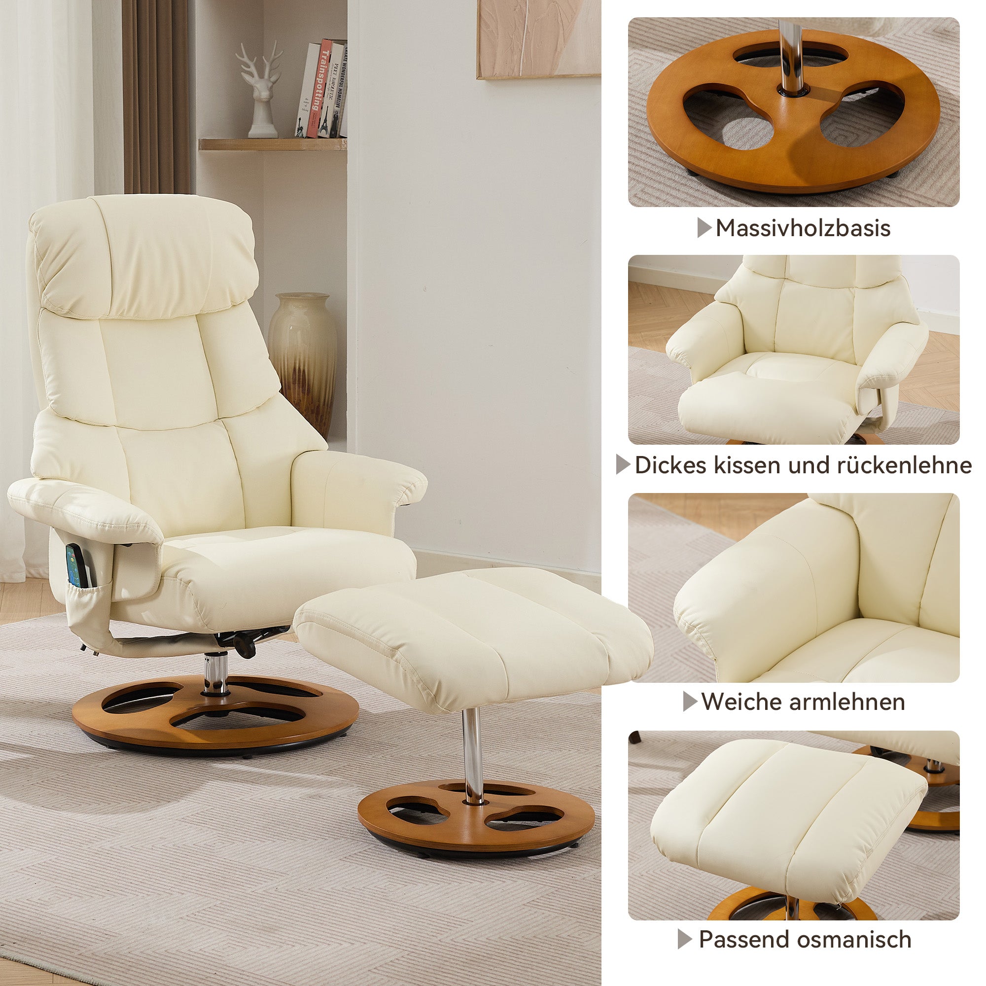 Recliner Chair with Massage, Heat, Reclining, Stool, 360° Rotatable, PU Fabric White