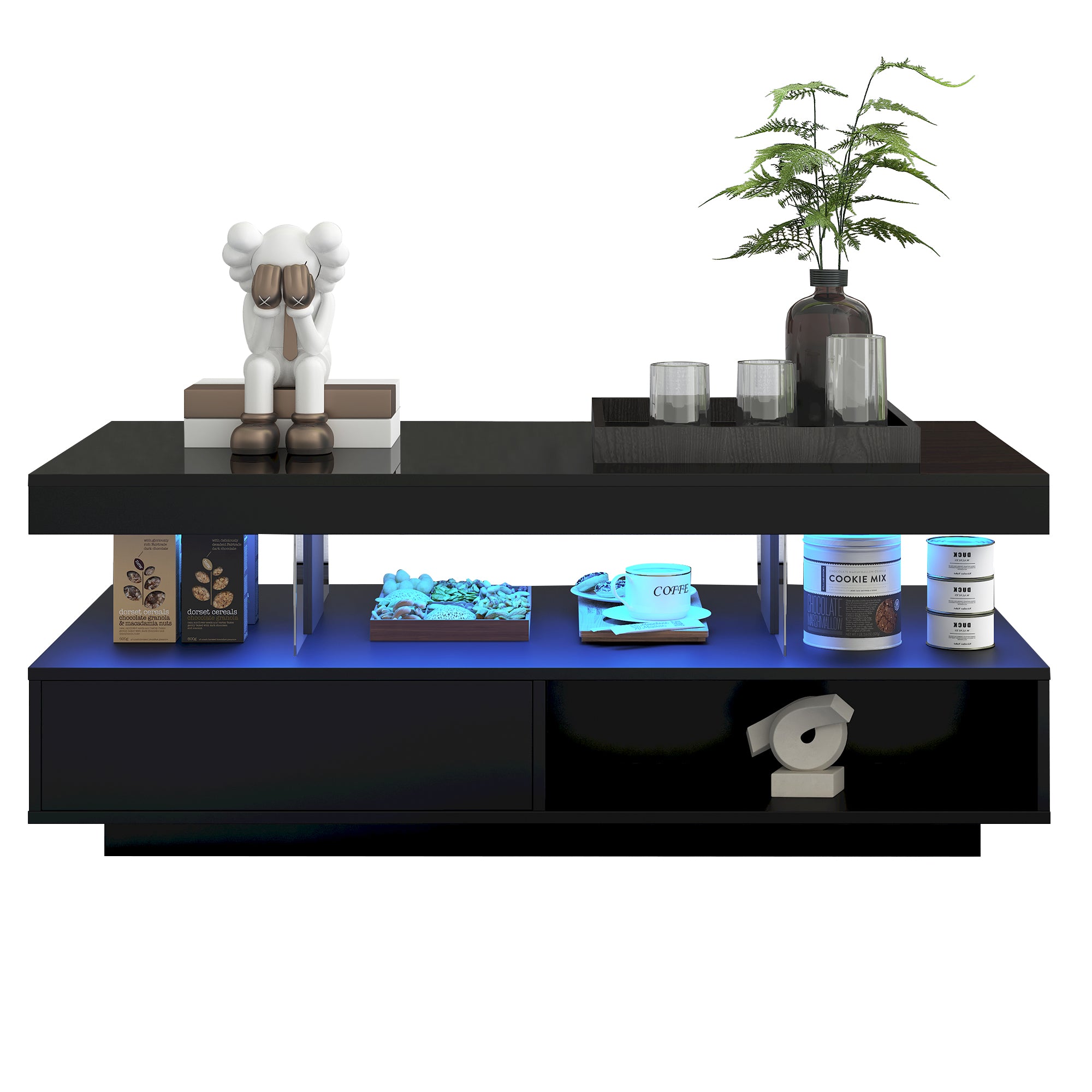 Black High-Gloss Coffee Table with Glass Tops & Drawers
