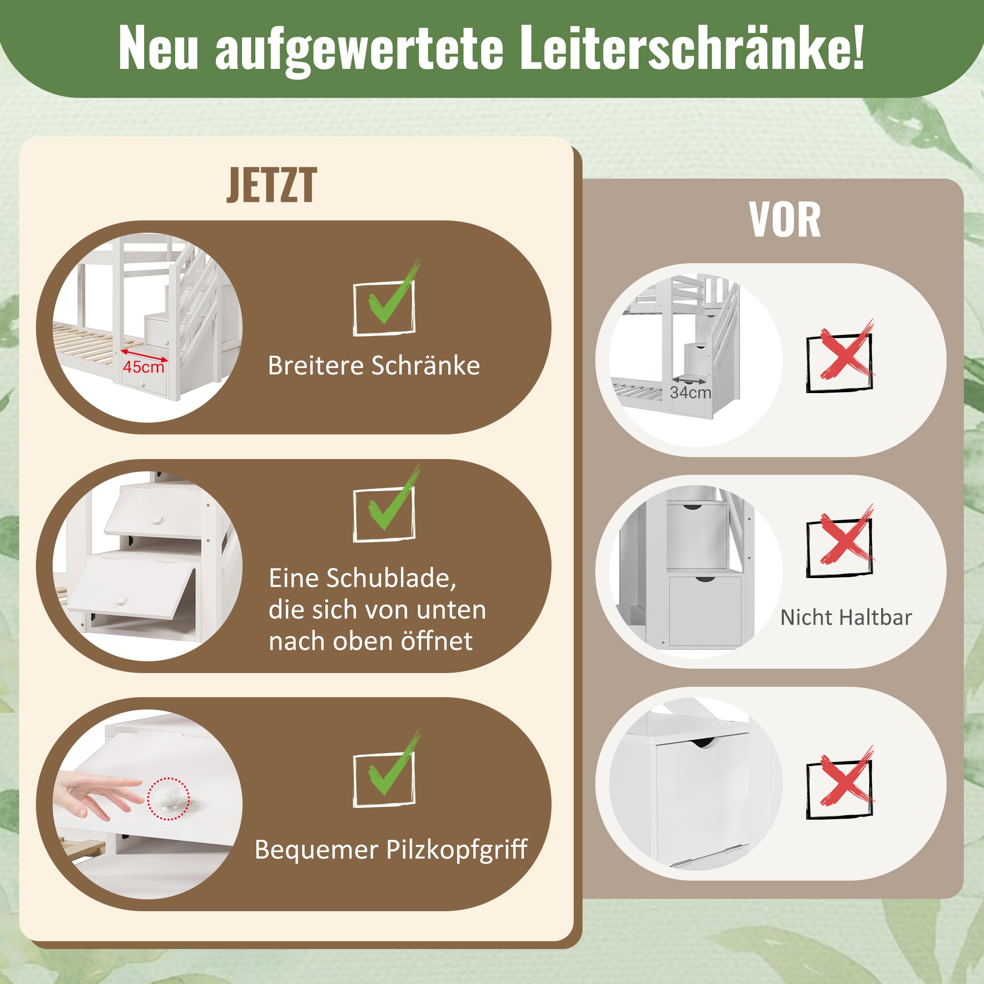 Children's Bed, Tree House Bunk Bed with Drawers & Fall Protection, White