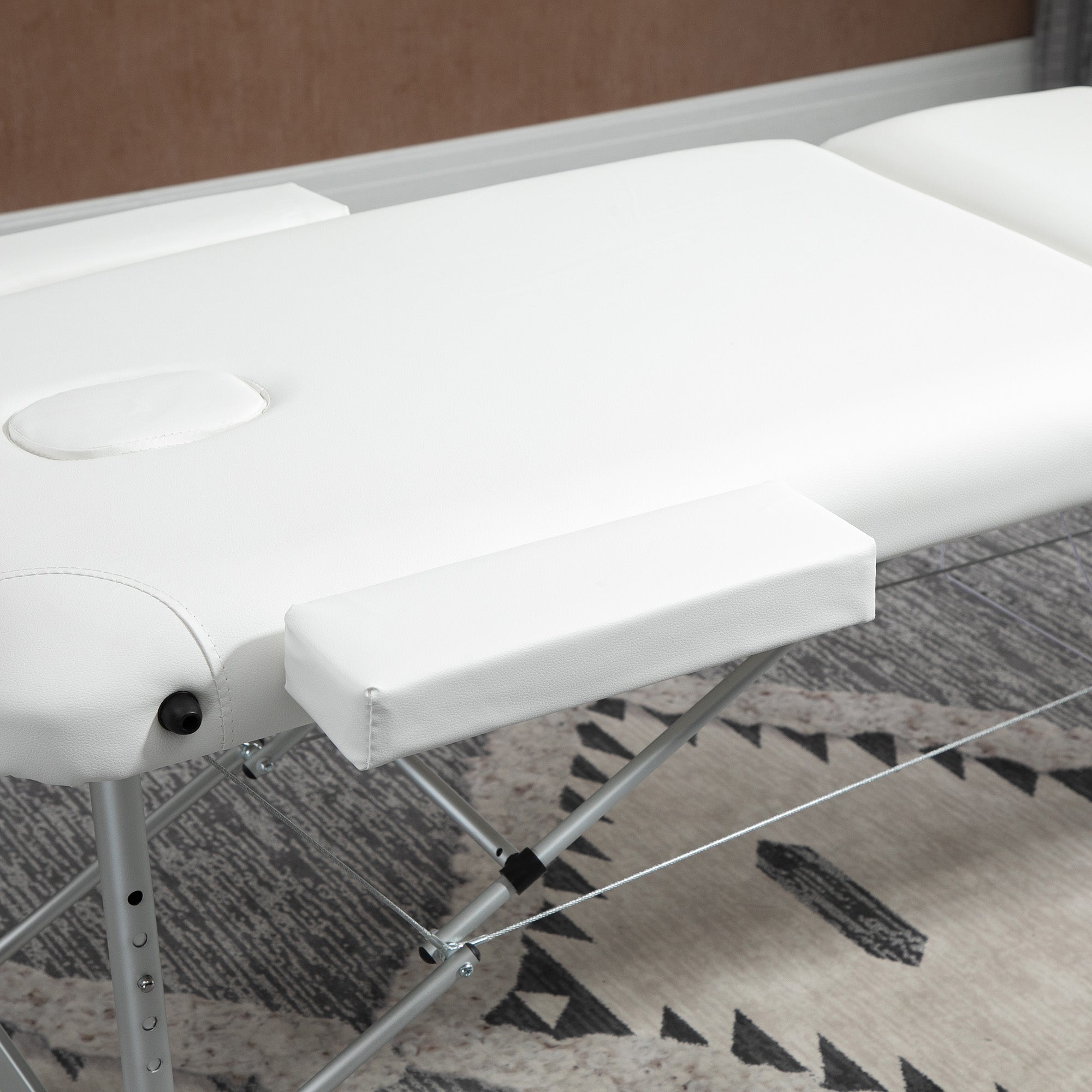 Foldable massage table, height-adjustable with pillow, white plastic & aluminum