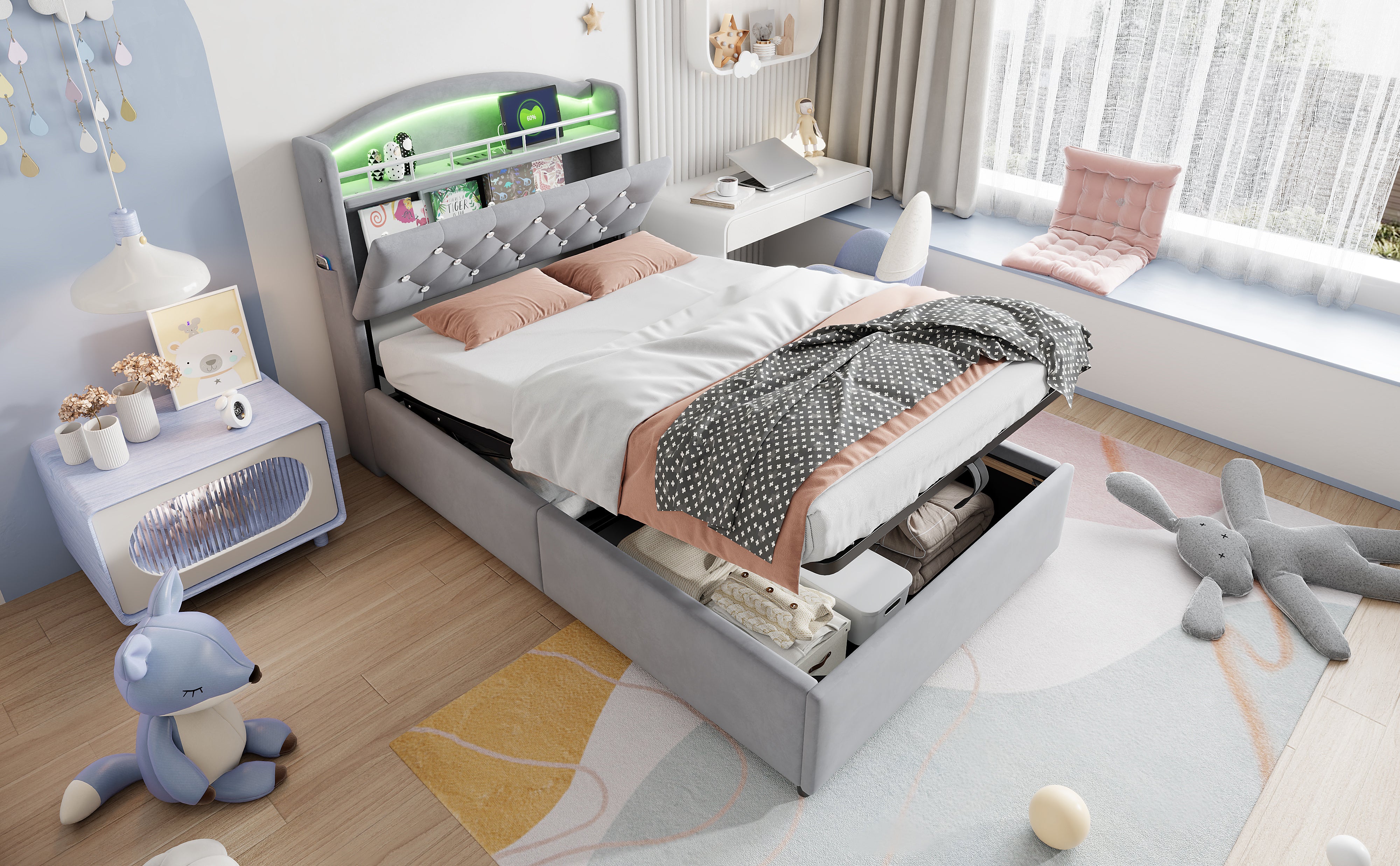 Children's Upholstered Bed, 90x200 Single with Storage, LED & USB, Grey Velvet