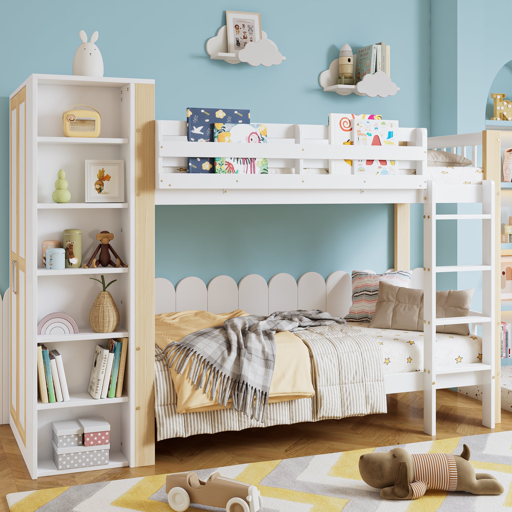 Bunk Bed, Child's with Ladder, Storage & Wardrobe, Pine+PB White+Natural