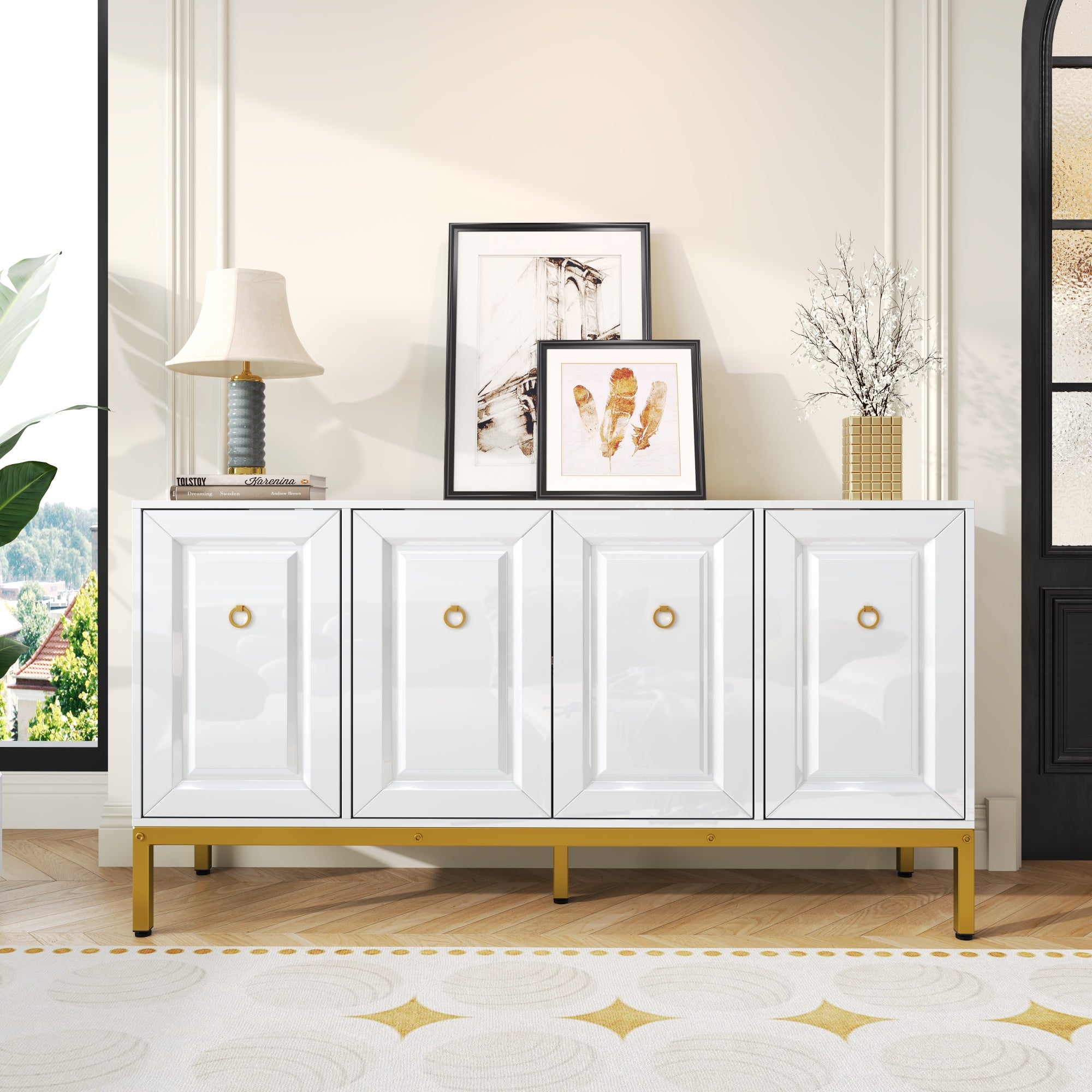 Sideboard, High-Gloss Storage Unit with Shelves, Gold Handles and Legs, White