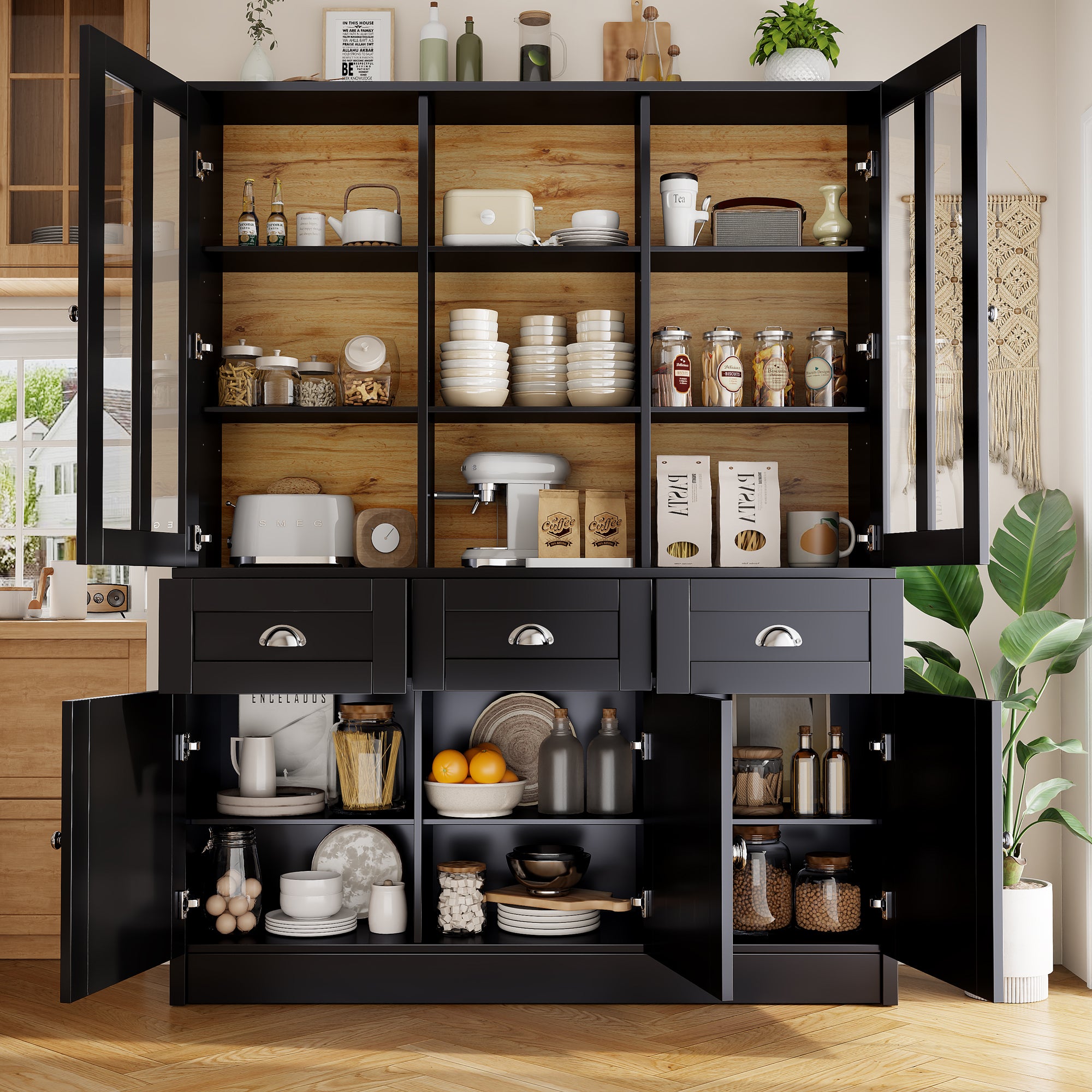 Minimalist Tall Display Cabinet with Drawers and Storage, Black