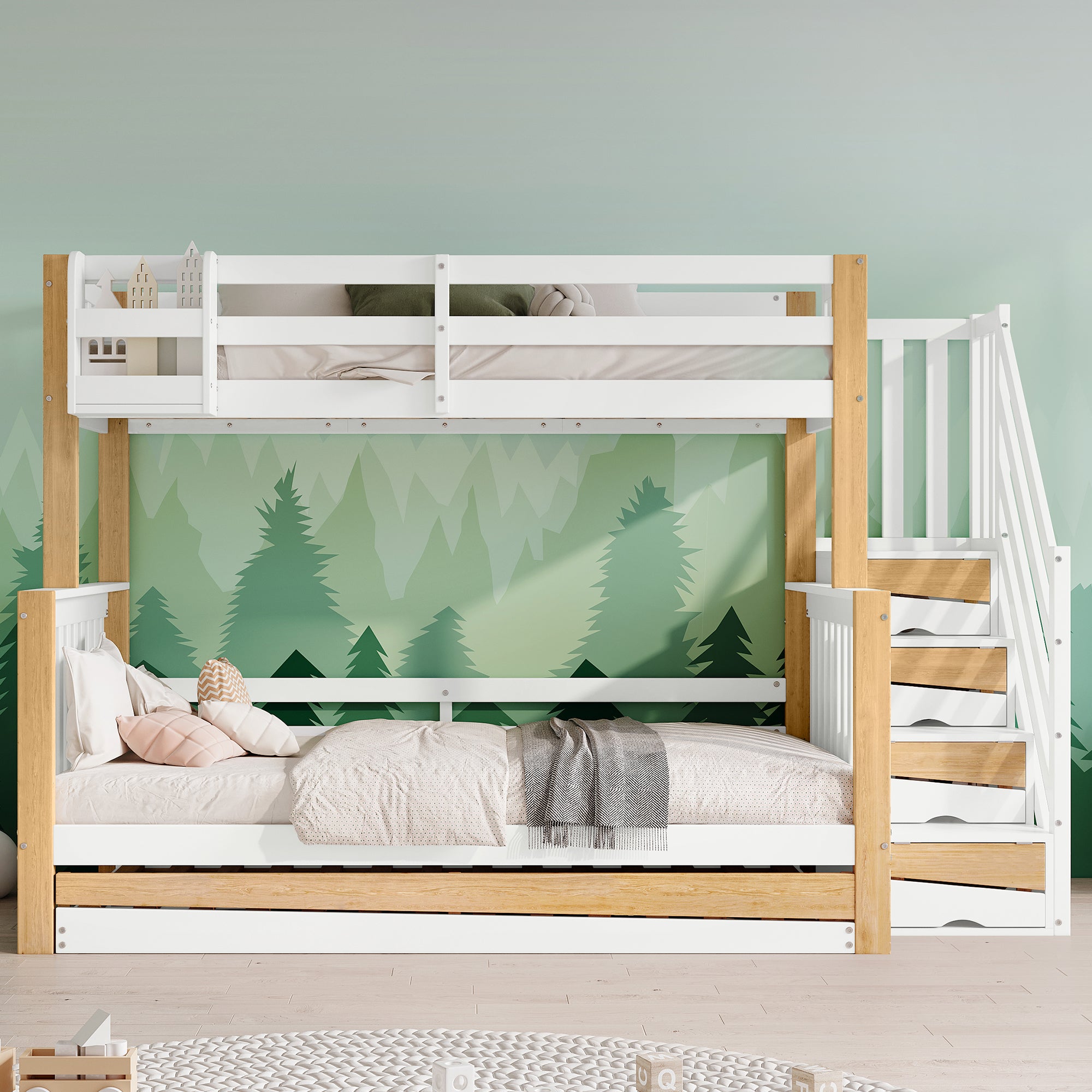 Bunk Bed, Trundle & Corner Stairs, Pine + MDF, White + Natural