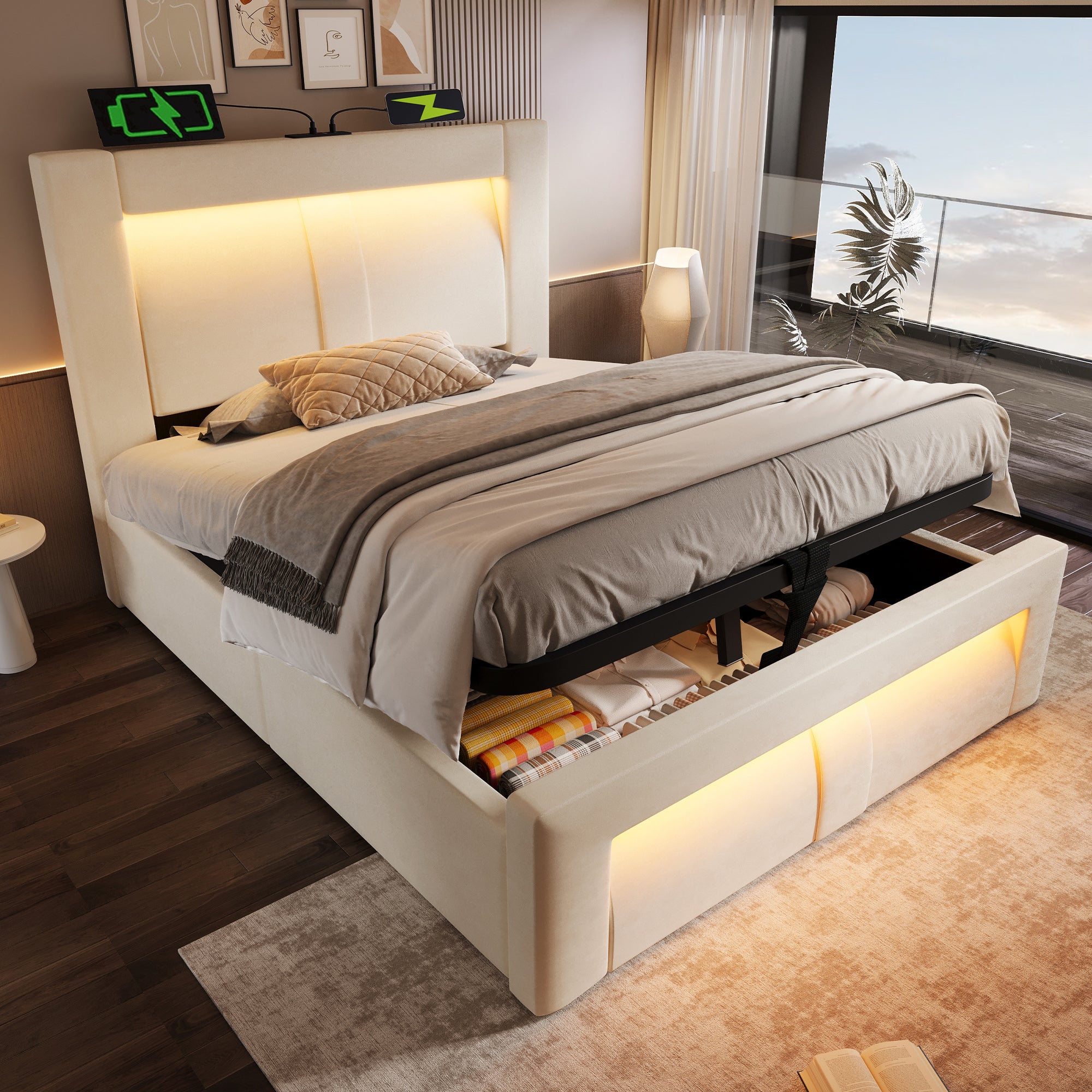 Single Bed with Hydraulic Storage, LED Lighting and Charging Ports, Beige Velvet