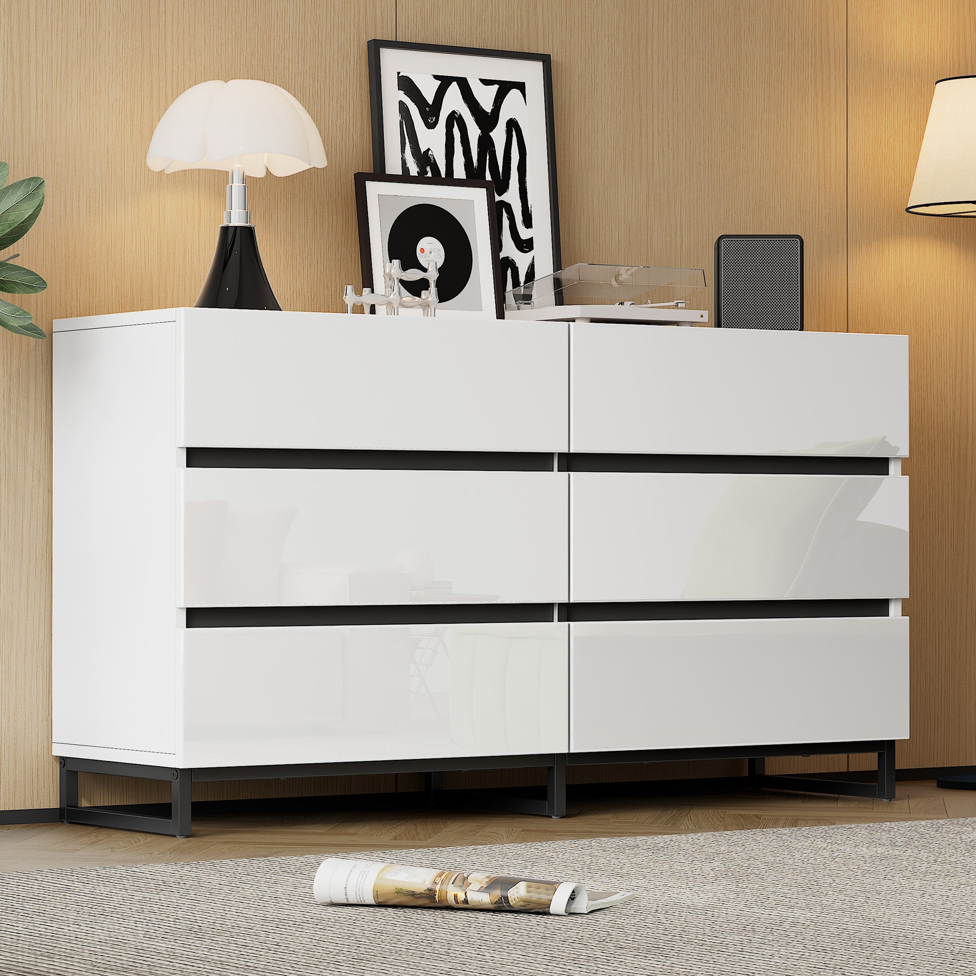 Living Room Sideboard, 6-Drawer High-Gloss Cabinet with Metal Legs, White/Black