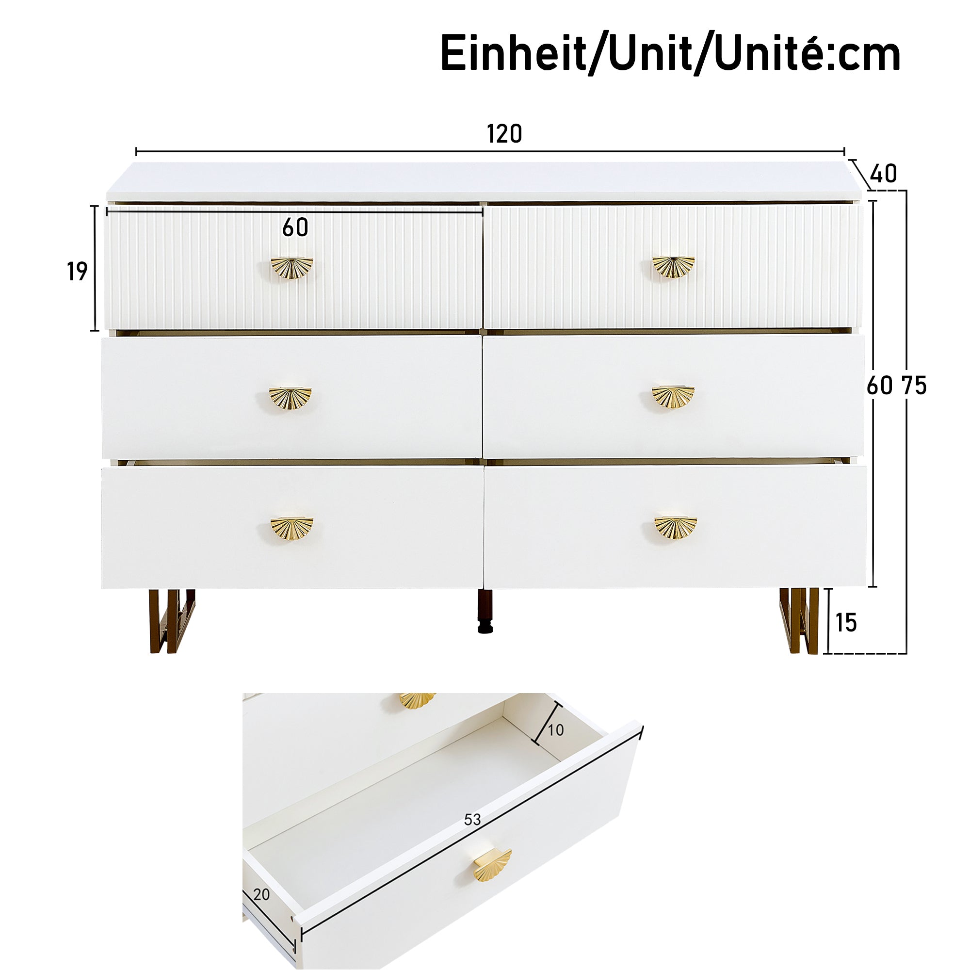 Sideboard, 6-Drawer Elegant Design, White and Gold MDF and Steel
