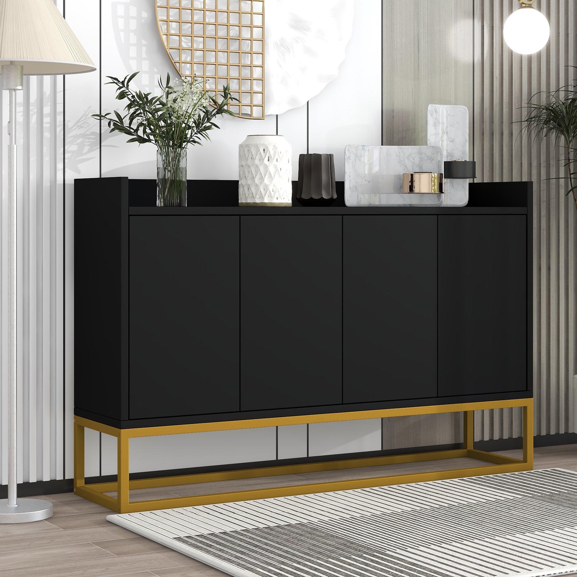 Sideboard, Minimalist 4-Door Handleless Buffet, Black