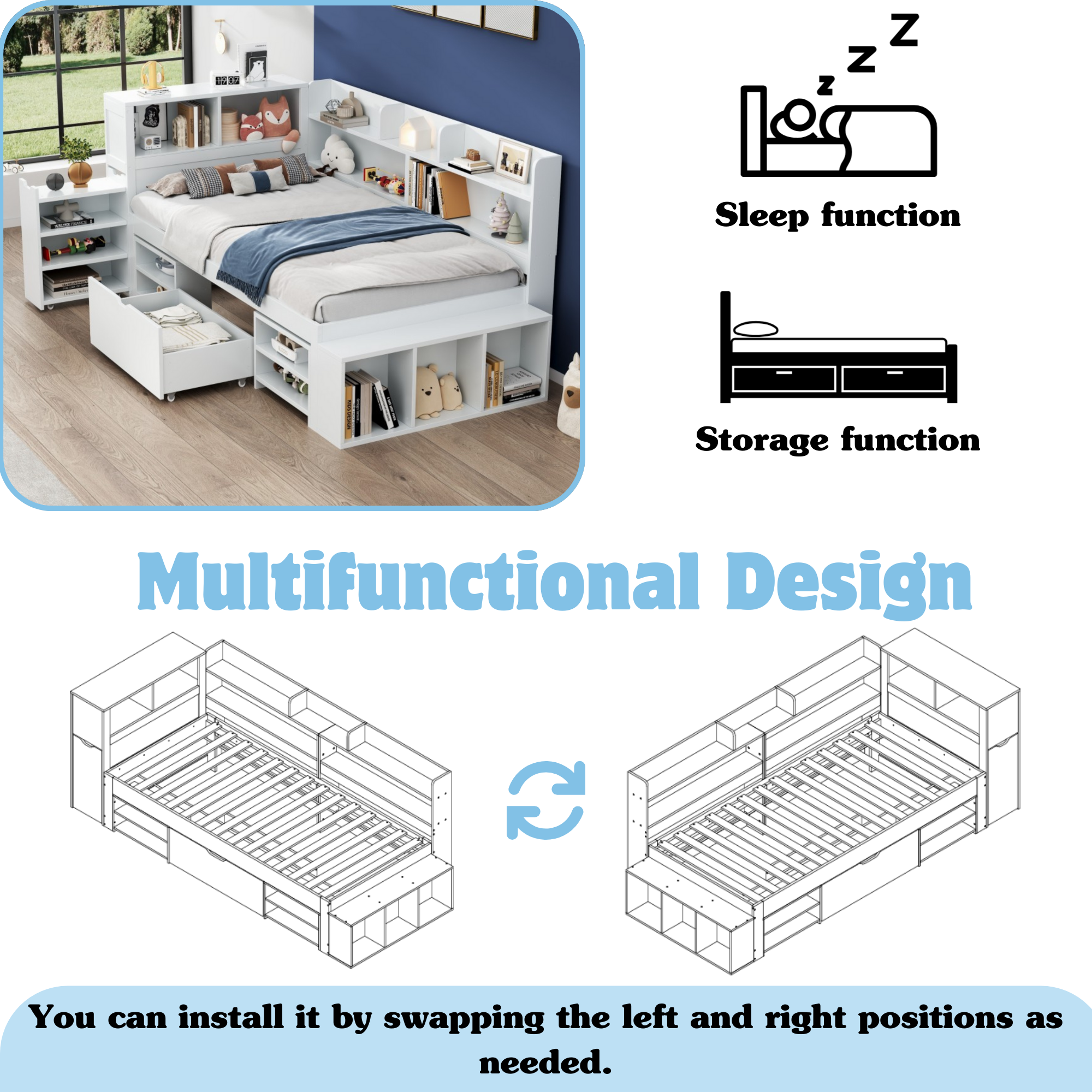 Children's Bed Single 3ft (90x190cm) with Drawers, Bookcase & Storage Cupboard, White