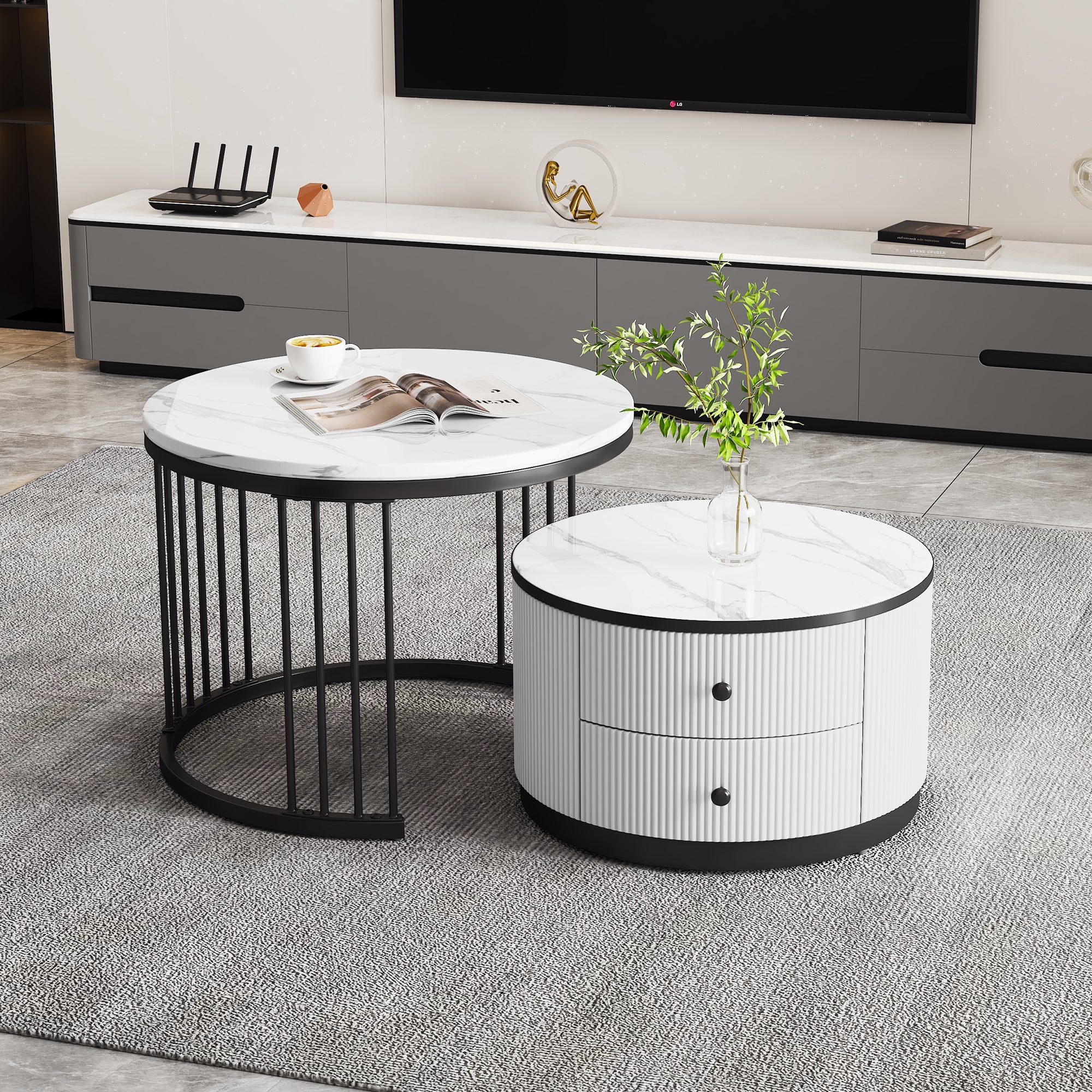 Coffee Table Set, Round Nesting with Drawers, White Marble Look