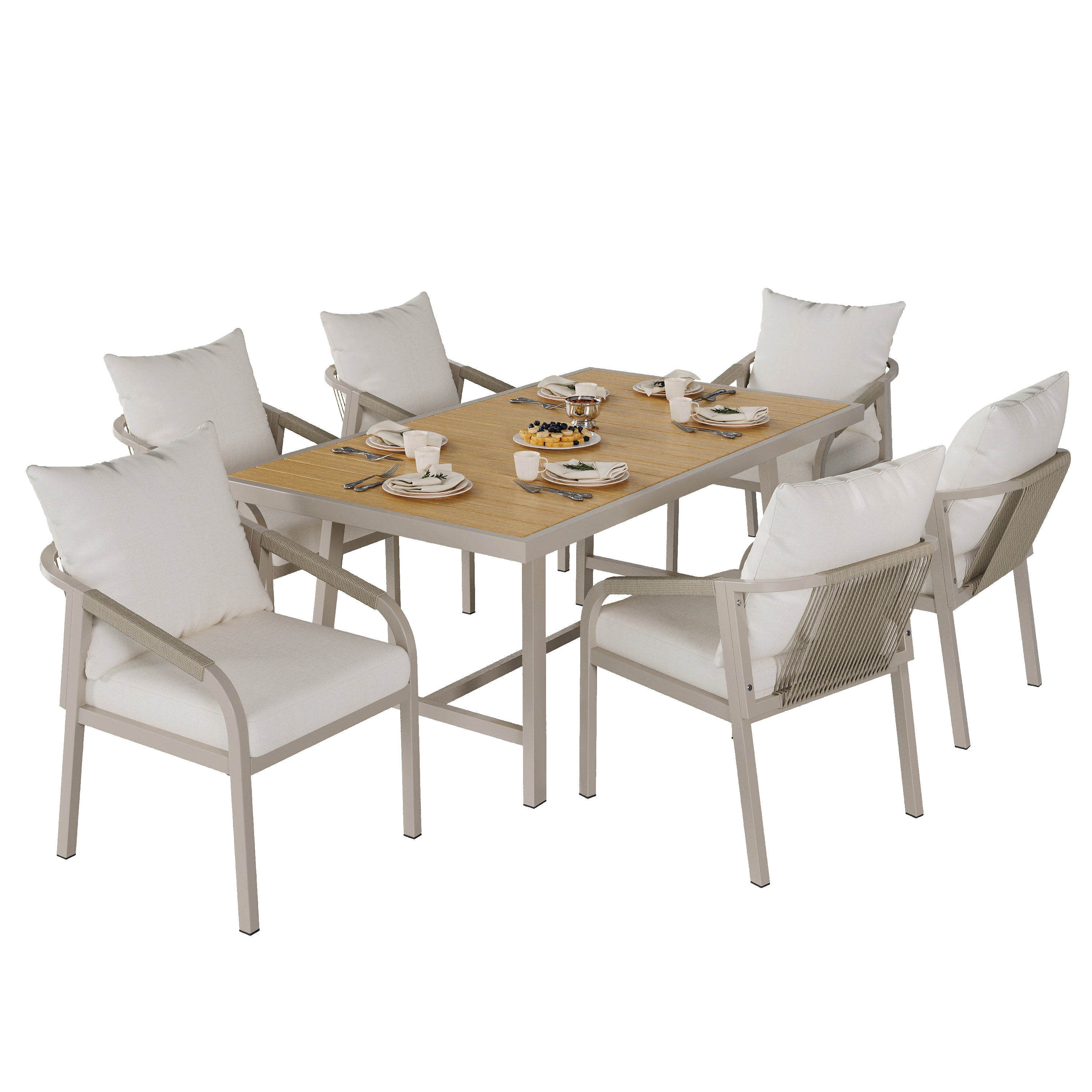 Garden Dining Set for 6 People with Plastic Wood Tabletop and Woven Rope Chairs, Khaki and Beige