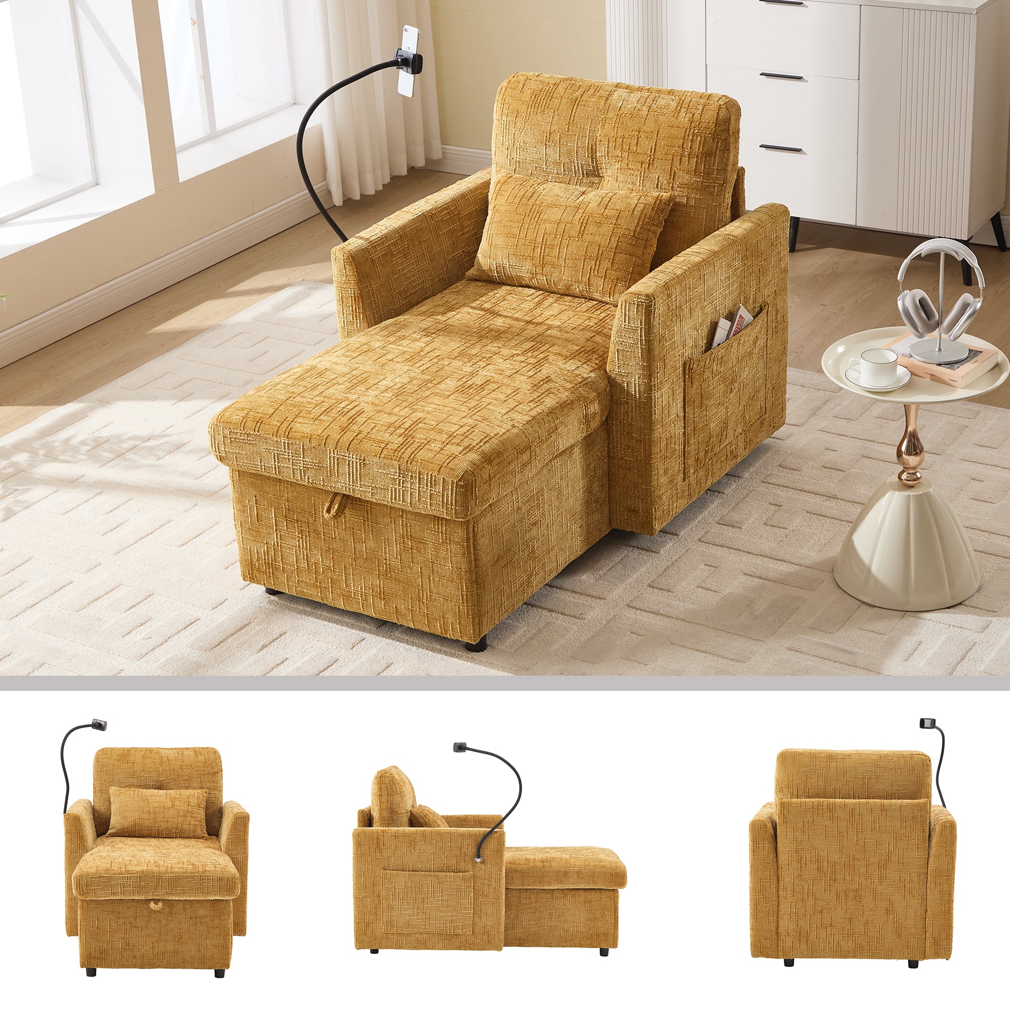 Reclining Sofa Lounge Chair, Multifunctional with Phone Holder, Chenille Fabric