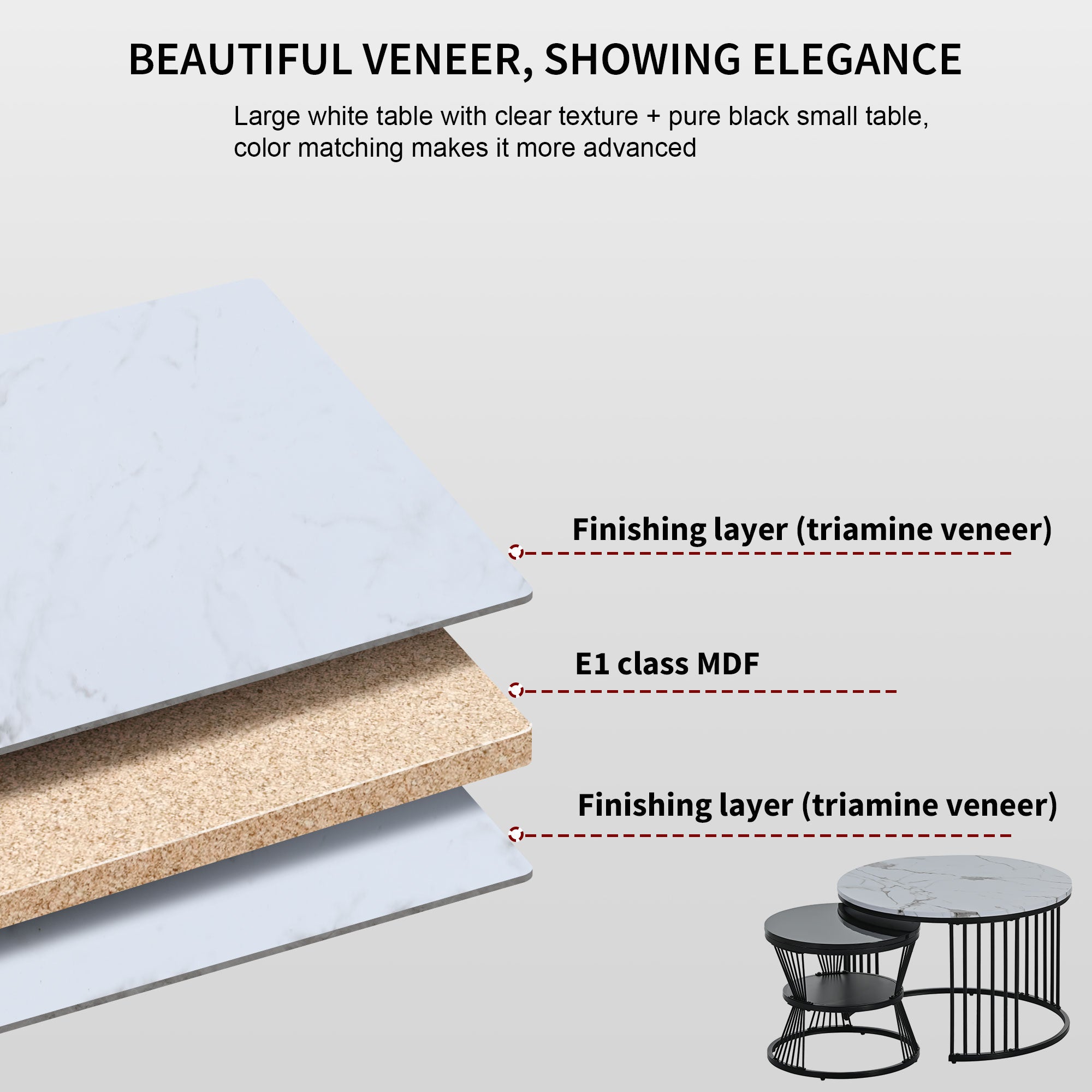 Modern Nesting Coffee Table Set, Round End Tables, Set of 2, Marble Veneer Black Frame