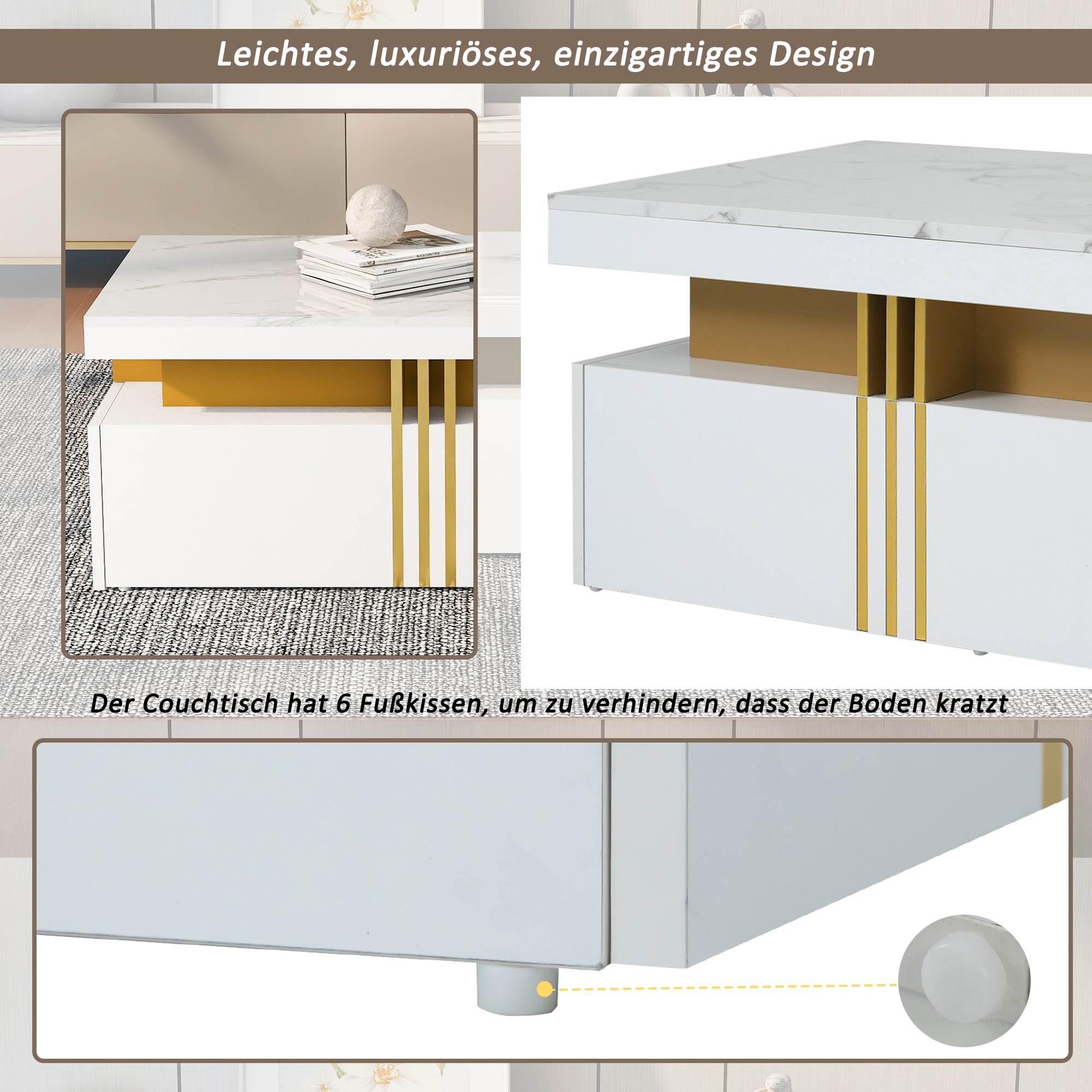 Modern rectangular coffee table with high gloss top and 2 wooden drawers, marble tabletop