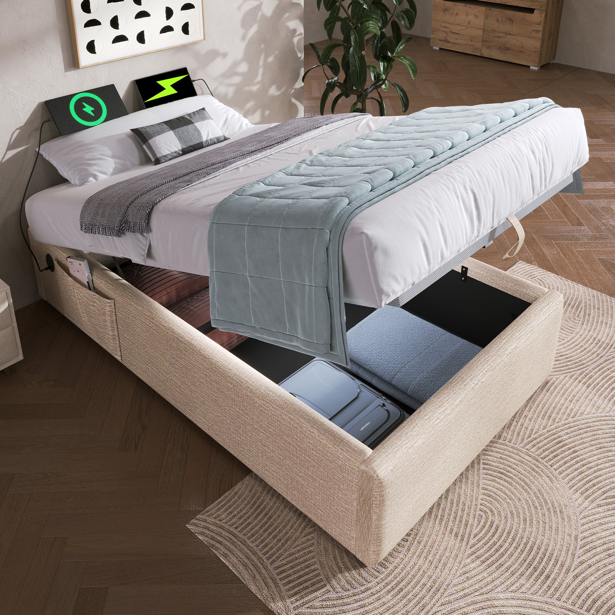 Upholstered Single Bed, 90x190 cm with USB-C and Slatted Frame, Natural Linen