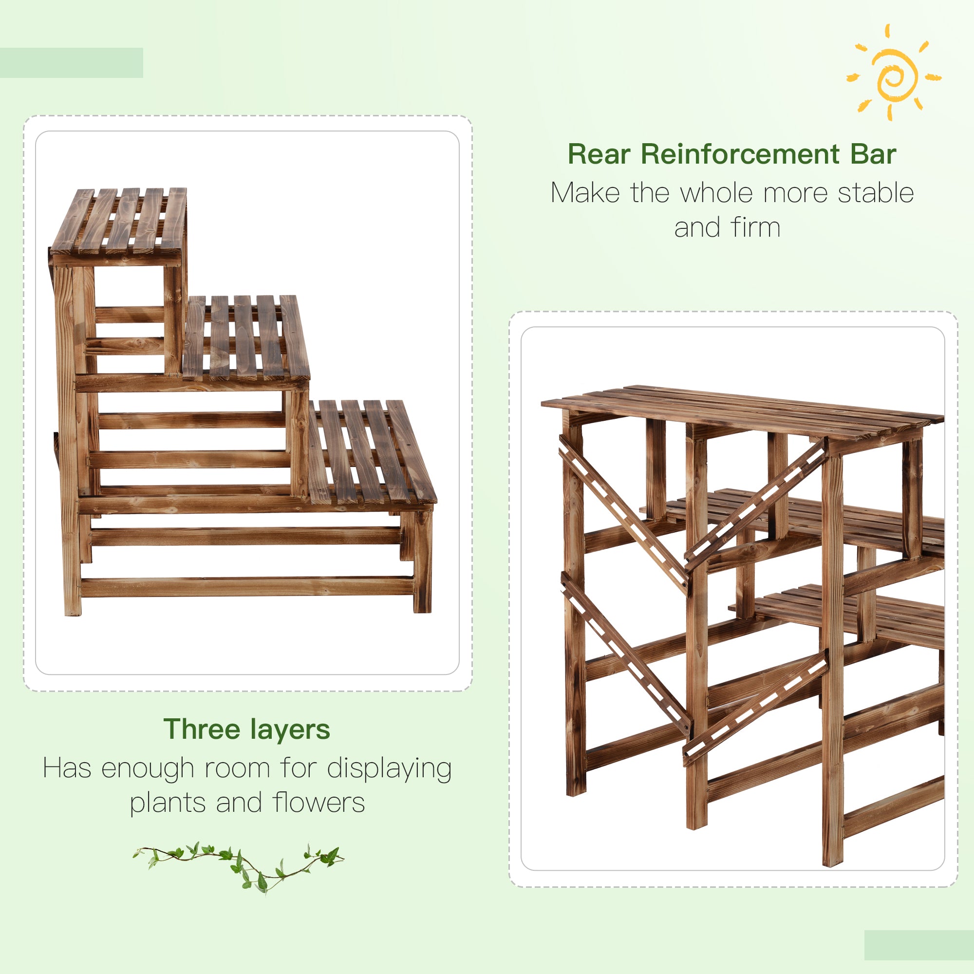 Plant Ladder Flower Shelf, 3 Steps, 80 x 80 x 78cm, Fir Wood