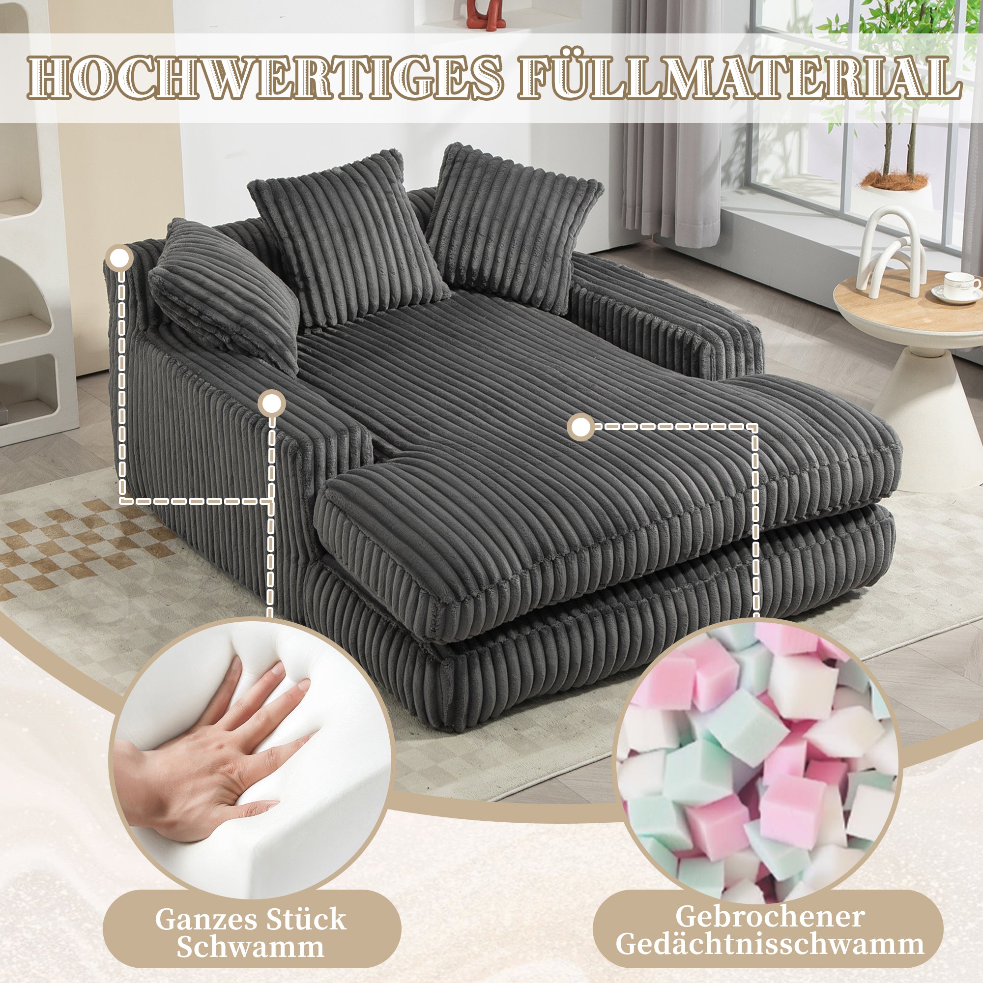 Sofa Bed, Cloud Couch with 3 Soft Pillows, Single Seat, Dark Grey Corduroy