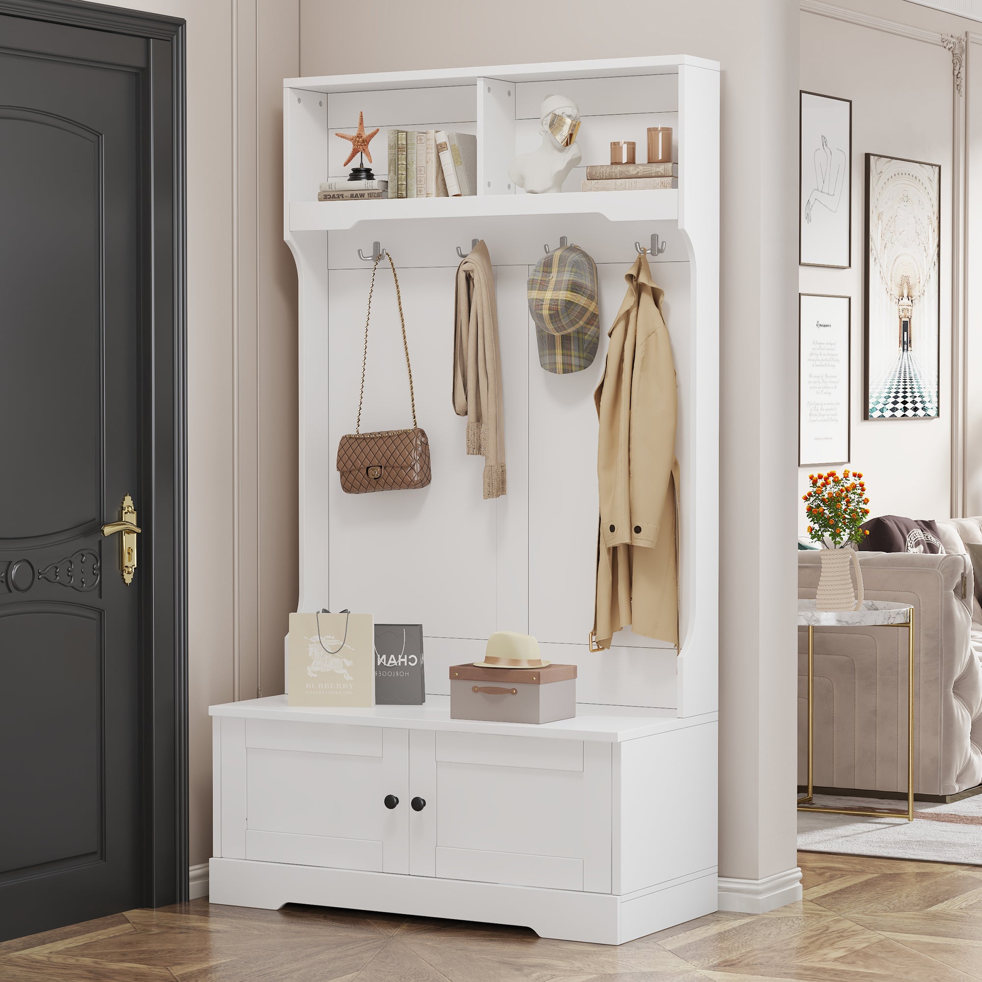 Entrance Cabinet, Storage Seat with Hooks & Open Compartments, White