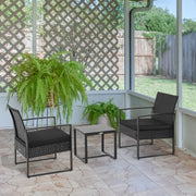 2 Seater Rattan Coffee Set 3 Piece Bistro with Glass Top Black Wicker