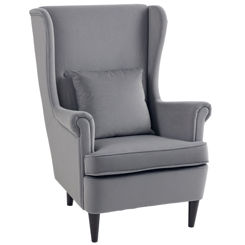 Modern Accent Chair Upholstered Wingback with High Backrest and Pillow, Dark Grey