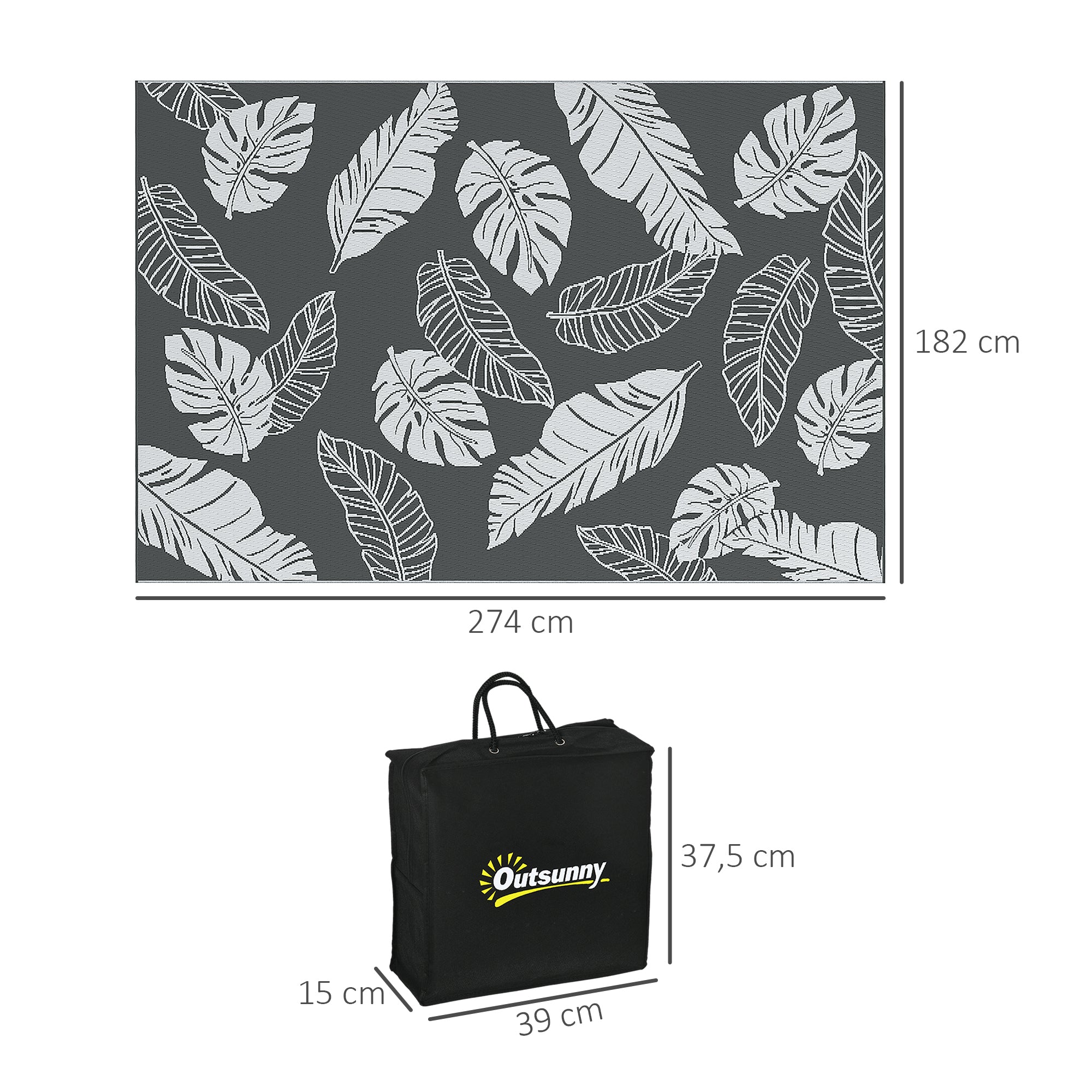 Outdoor Rug, Weatherproof Plastic, 182x274cm Double-Sided Design, Grey and White