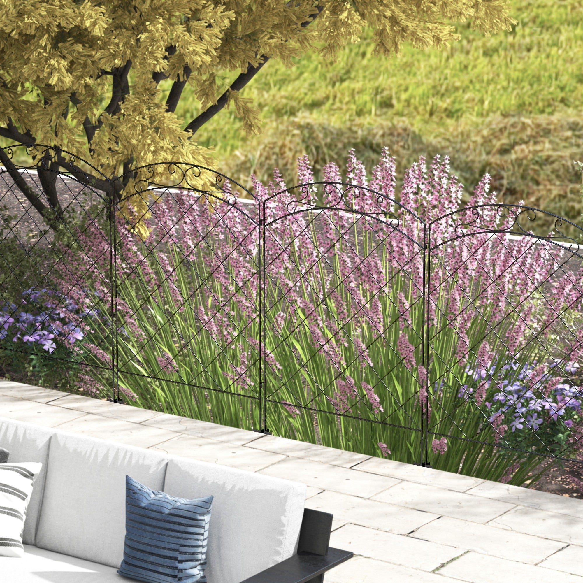 Picket Fence Panels, Decorative Swirls Outdoor Set of 4, Steel Black