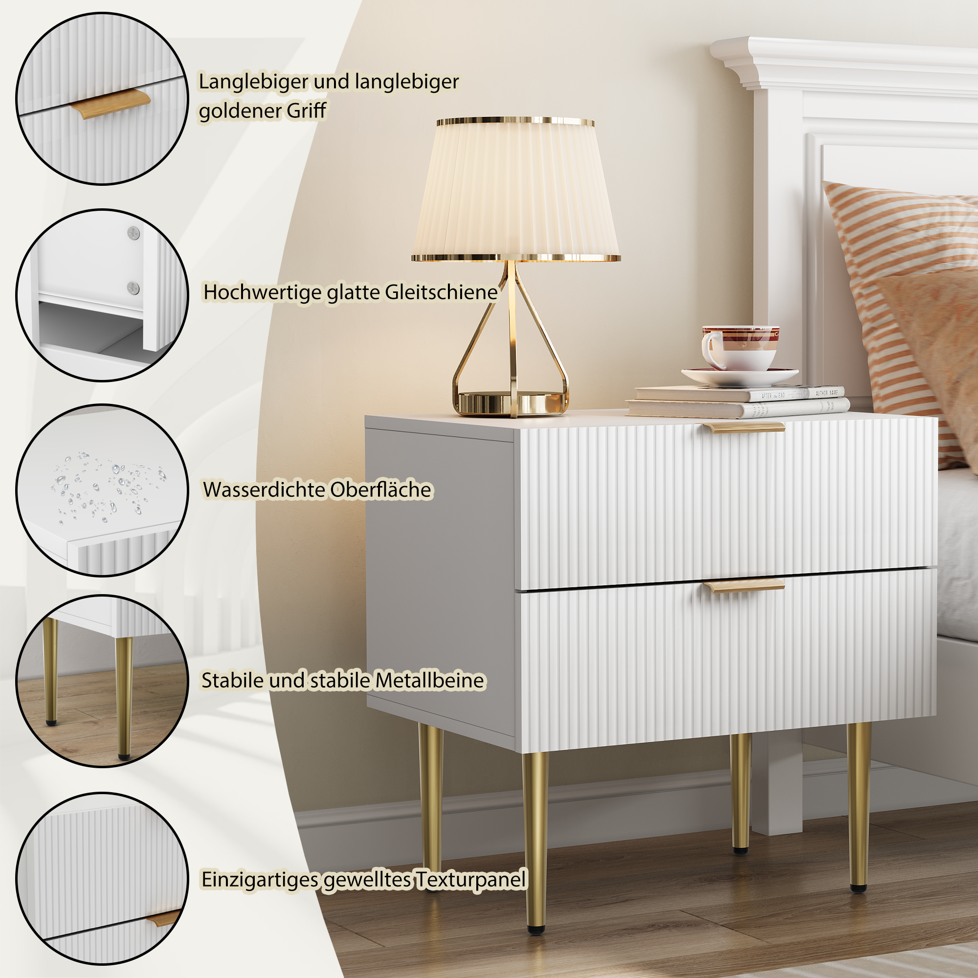 Bedside Table Wave Pattern 2 Drawers Metal Legs - White