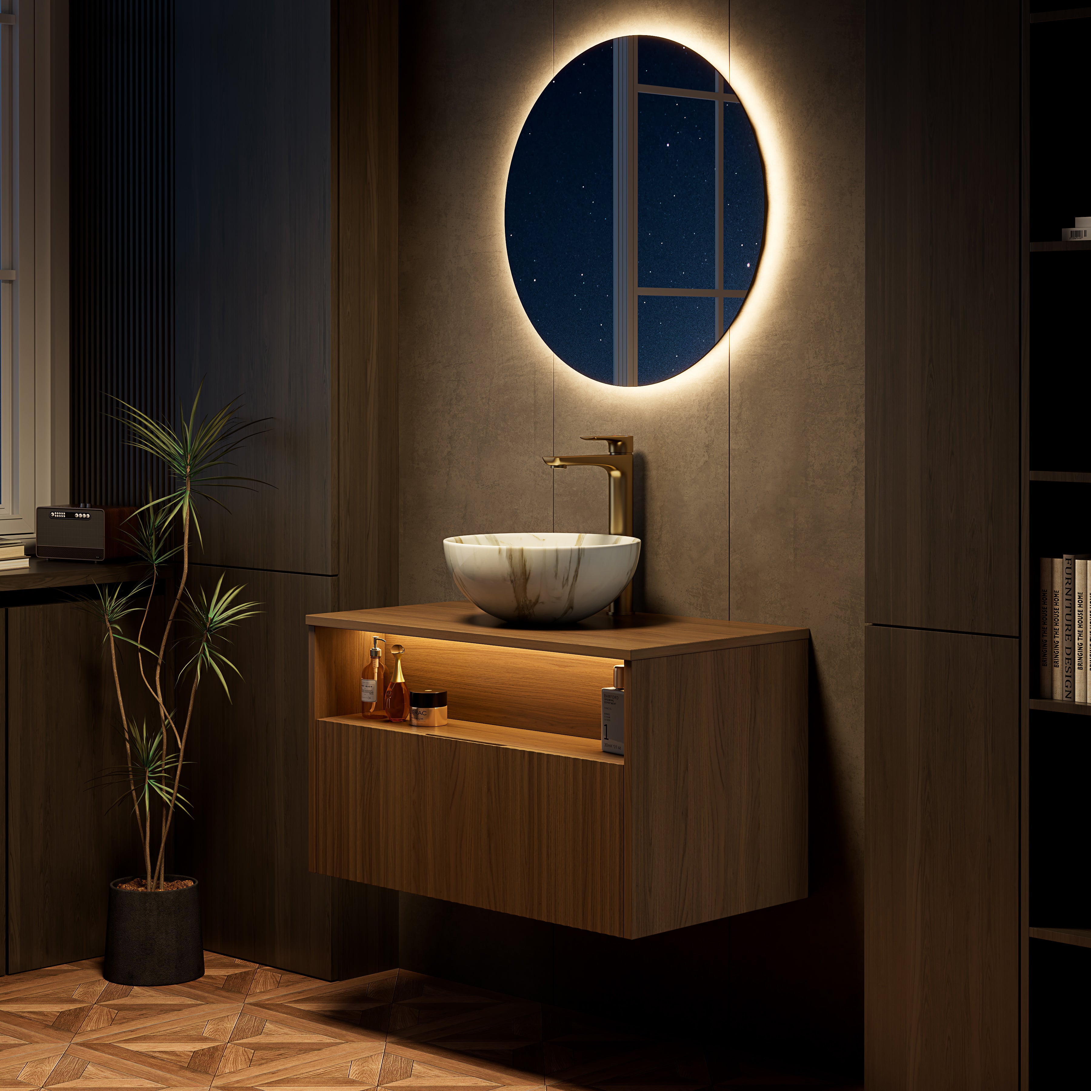 Floating Bathroom Sink with Ceramic Bowl and Sensor Light, Espresso Wood Grain