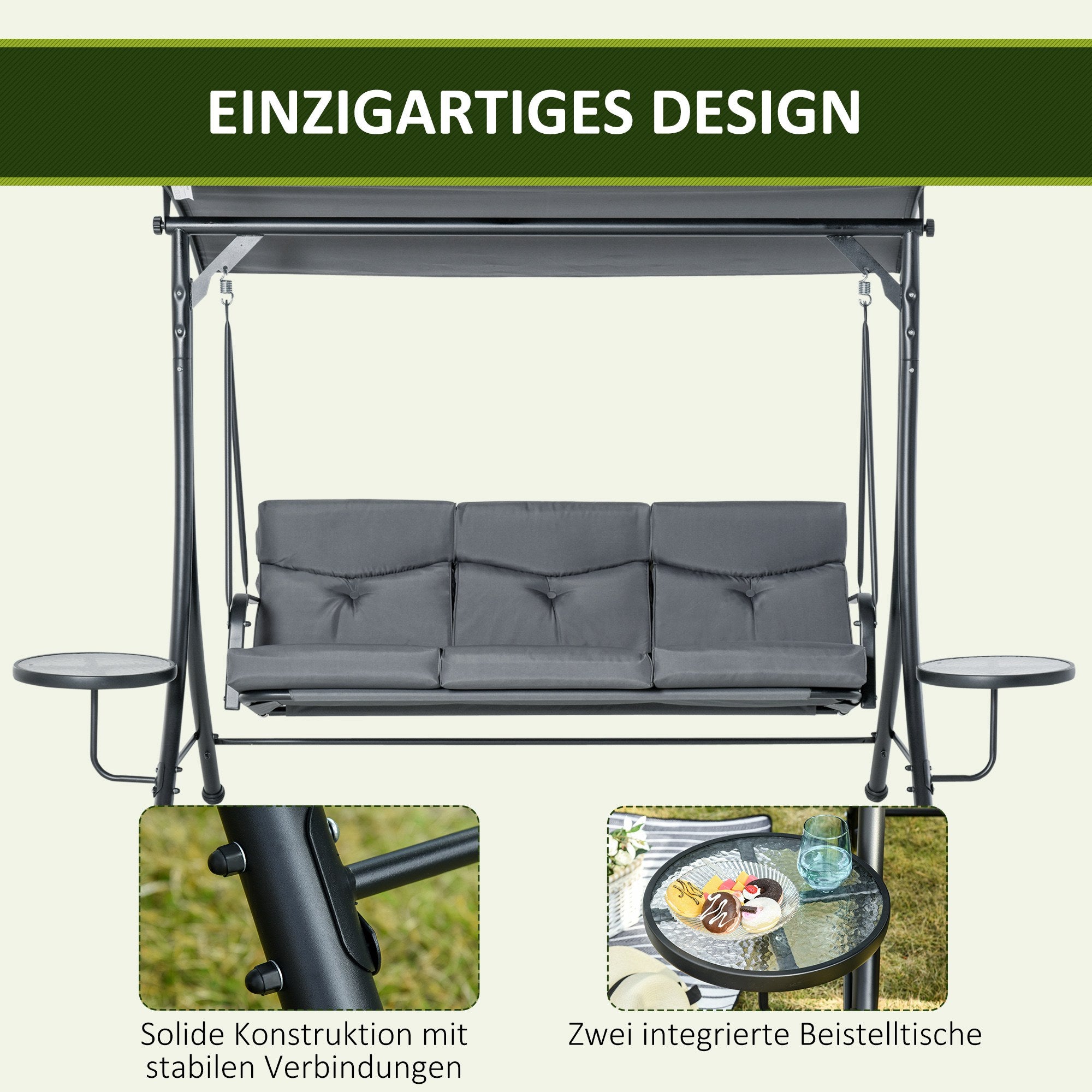 Hollywood Swing 3-Seater with Adjustable Sunshade, Tea Table, Steel Polyester Grey/Black